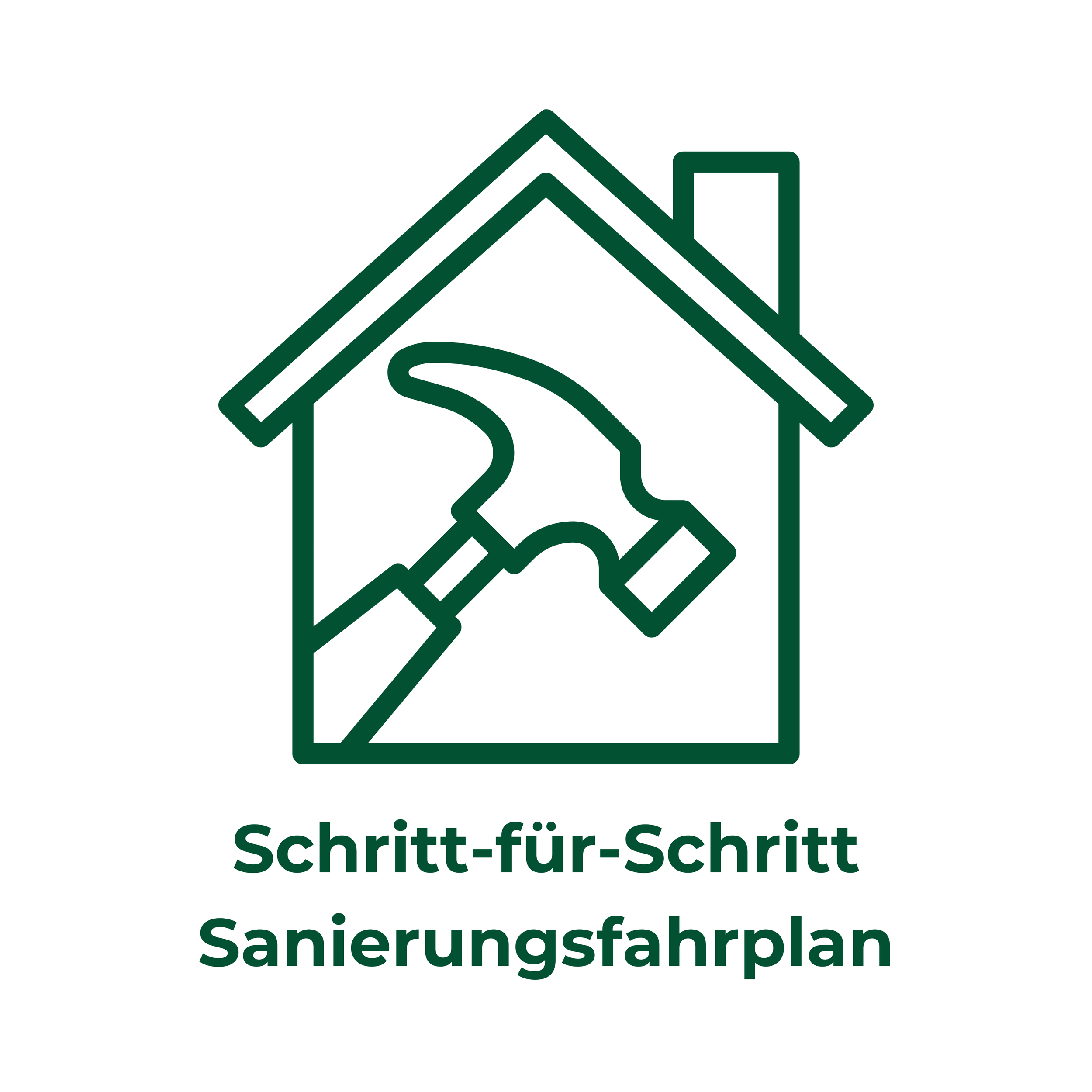 Grafik eines Hauses mit einem Hammer und Schraubenschlüssel, darunter die Beschriftung "Schritt für Schritt Sanierungsfahrplan", um den individuellen Sanierungsfahrplan (iSFP) zu beschreiben.