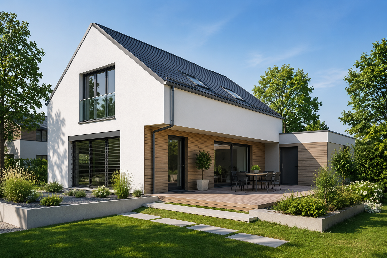 Modernes Einfamilienhaus als Beispiel für energieeffiziente Gebäudeplanung, energetische Fachplanung und nachhaltige Wohngebäude.