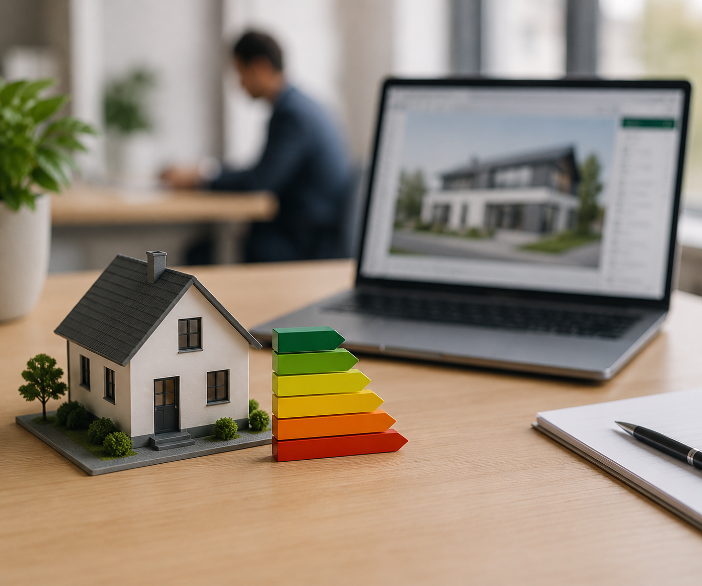 Modell eines Hauses, Energieeffizienz-Pyramide, Laptop mit Hausfoto, Papier-Stift, auf einem Tisch in einer Büroumgebung.