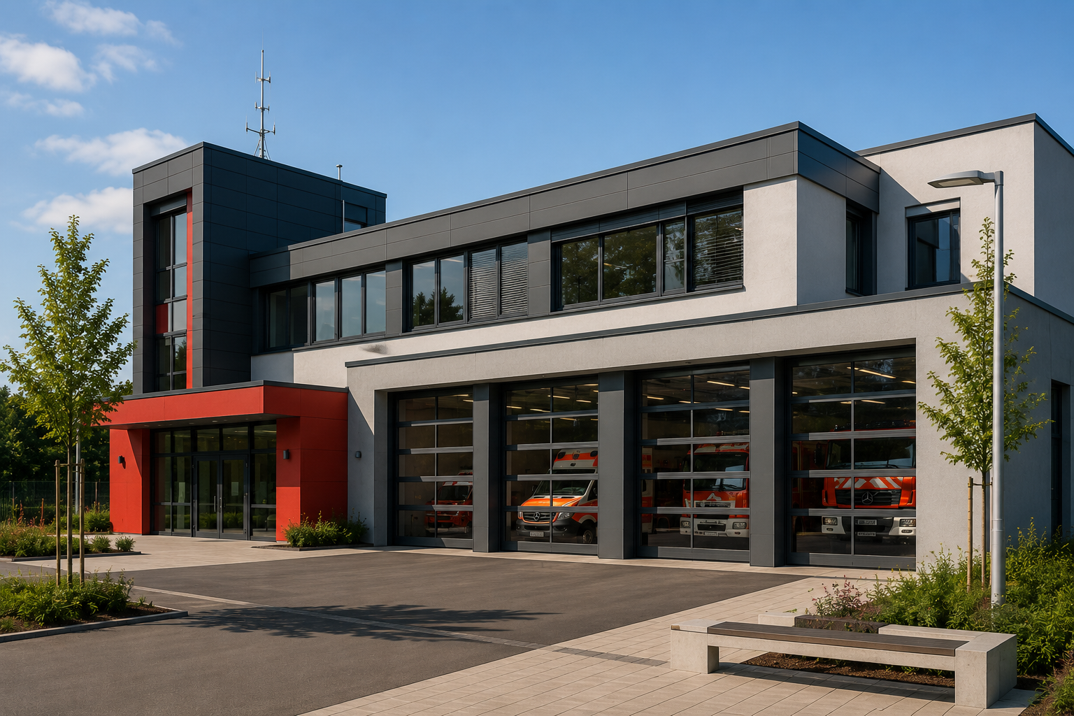 Moderne Feuerwehr- und Rettungswache als Beispiel für ein kommunales Funktionsgebäude mit Potenzial für energieeffiziente Modernisierung und Fördermittelbegleitung.