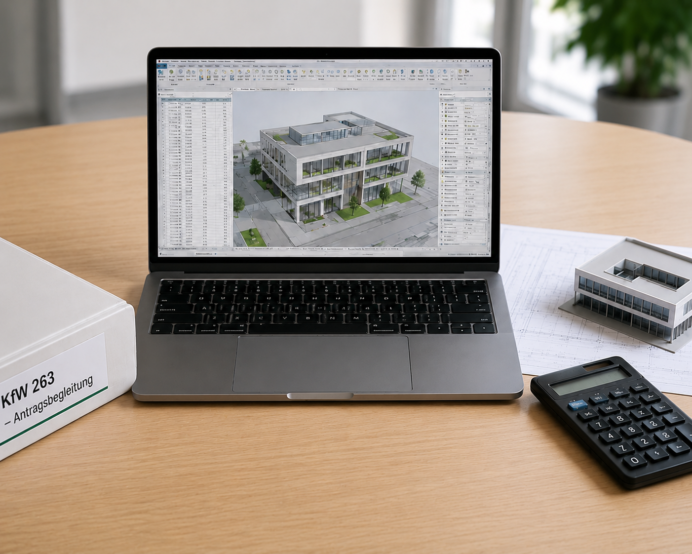 Laptop mit digitalem Gebäudemodell und Planungsunterlagen auf einem Schreibtisch. Das Bild veranschaulicht die energetische Planung und Antragsbegleitung im Rahmen der KfW 263 Förderung.