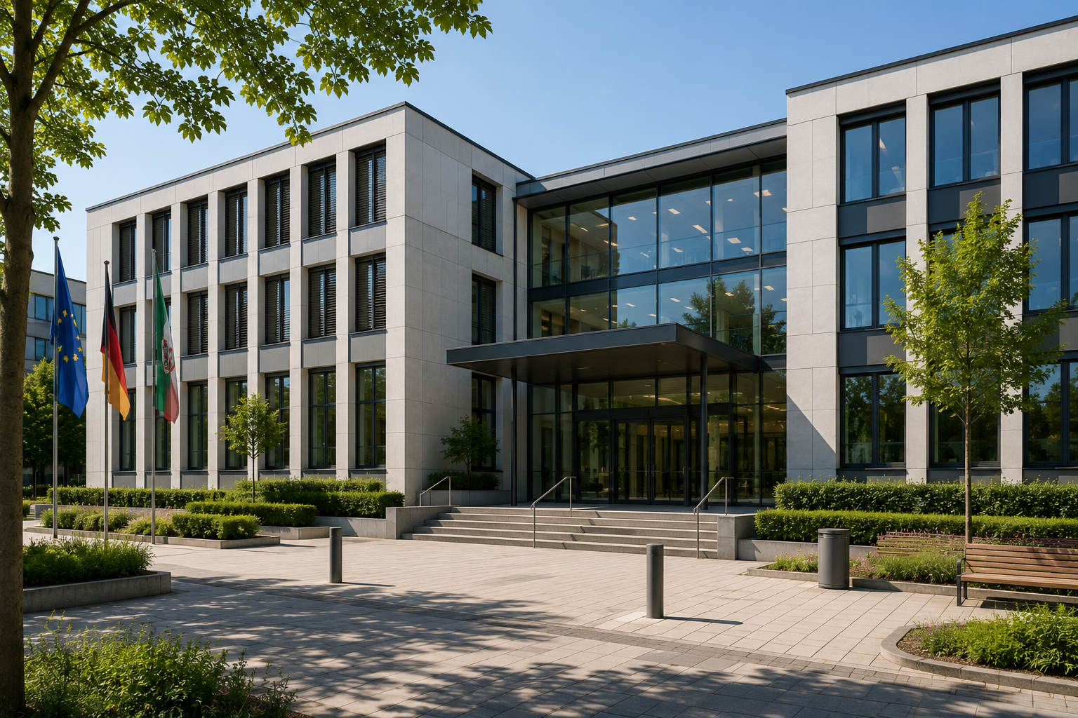 Modernes Verwaltungsgebäude als Beispiel für ein kommunales Nichtwohngebäude mit Fokus auf Energieeffizienz, Sanierung und Fördermittelberatung.