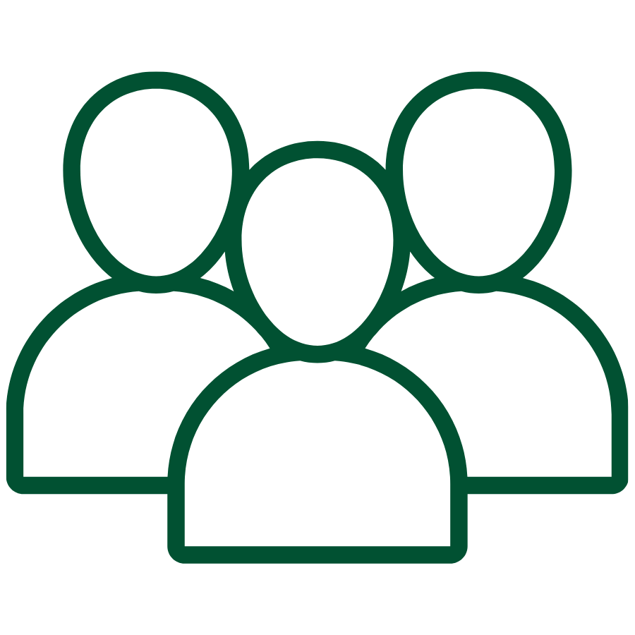 Grünes Icon mit drei stilisierten Personen in einer Gruppe. Das Symbol steht für die Anzahl der Mitarbeiter oder die Größe eines Teams innerhalb eines Unternehmens.