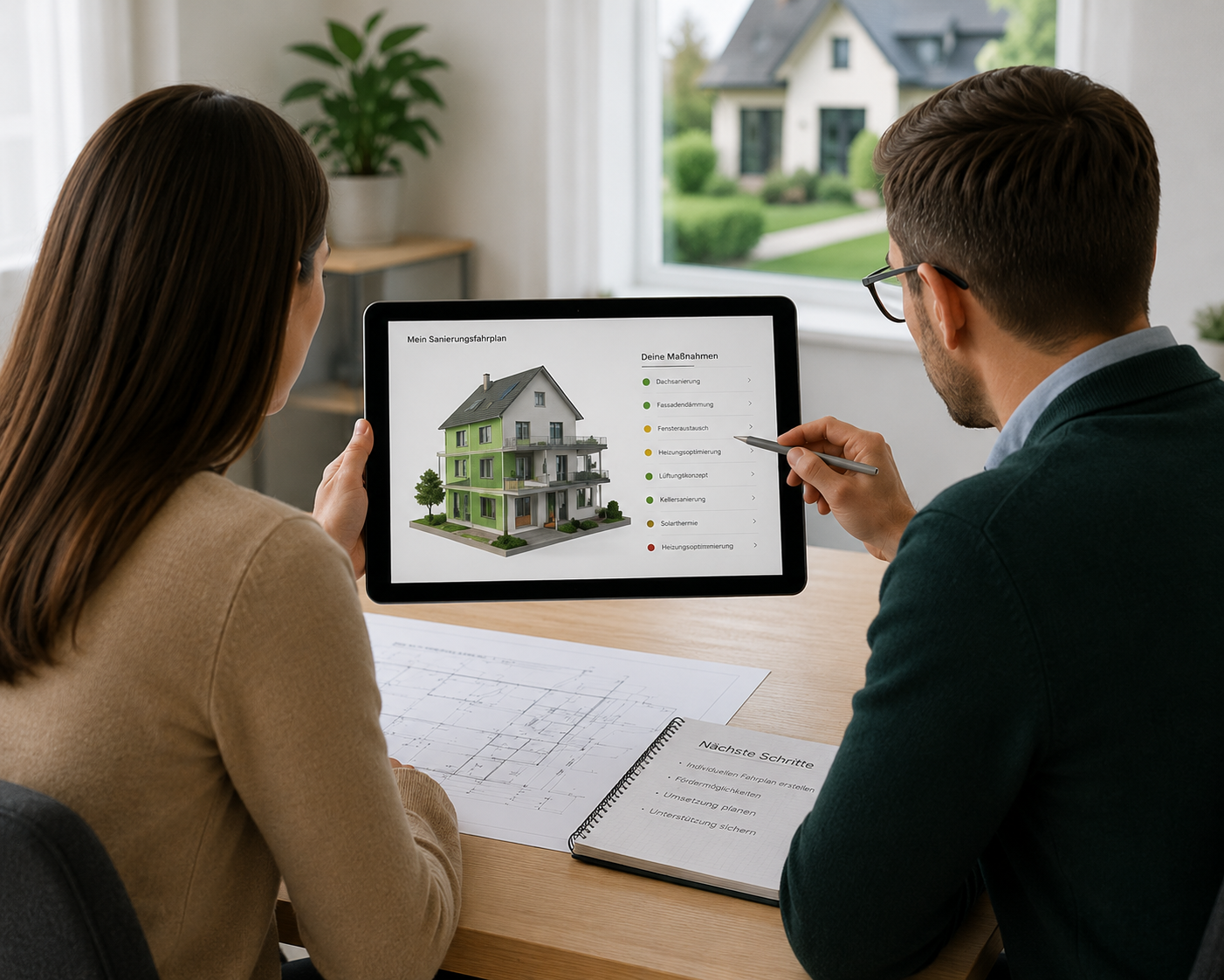 Energieberater erläutert anhand eines digitalen Gebäudemodells die energetische Bewertung einer Immobilie. Die Beratung dient der Erstellung eines individuellen Sanierungsfahrplans (iSFP) mit Empfehlungen für effiziente Sanierungsmaßnahmen.