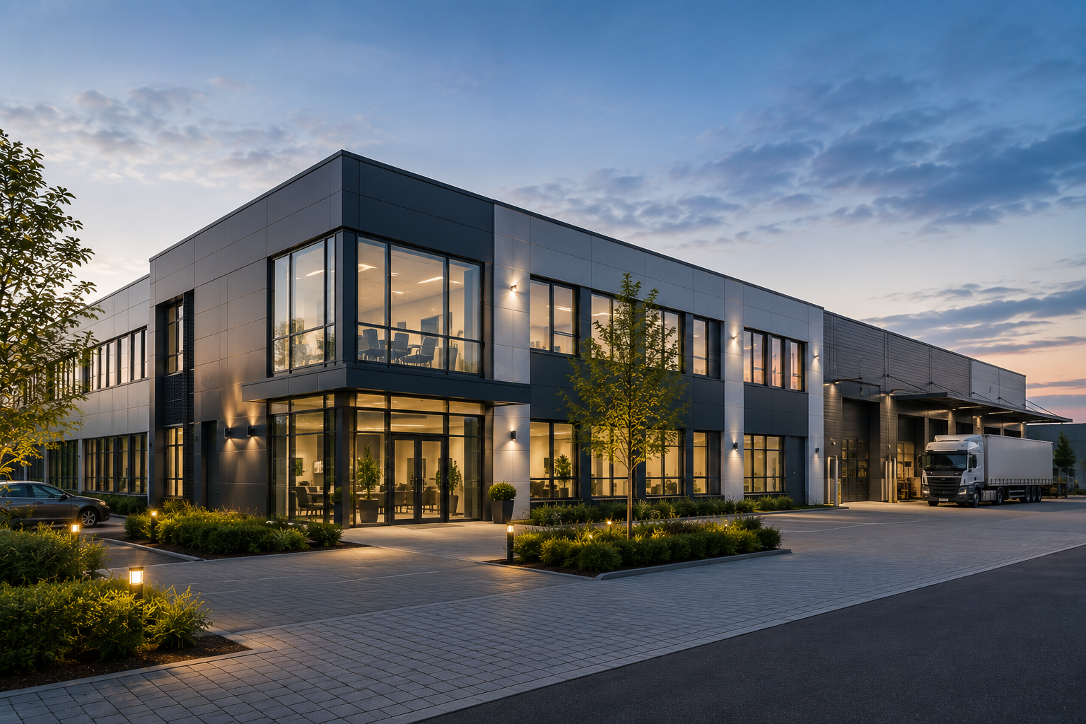 Modernes Gewerbegebäude als Beispiel für energieeffiziente Gebäudeplanung, energetische Fachberatung und nachhaltige Modernisierung.