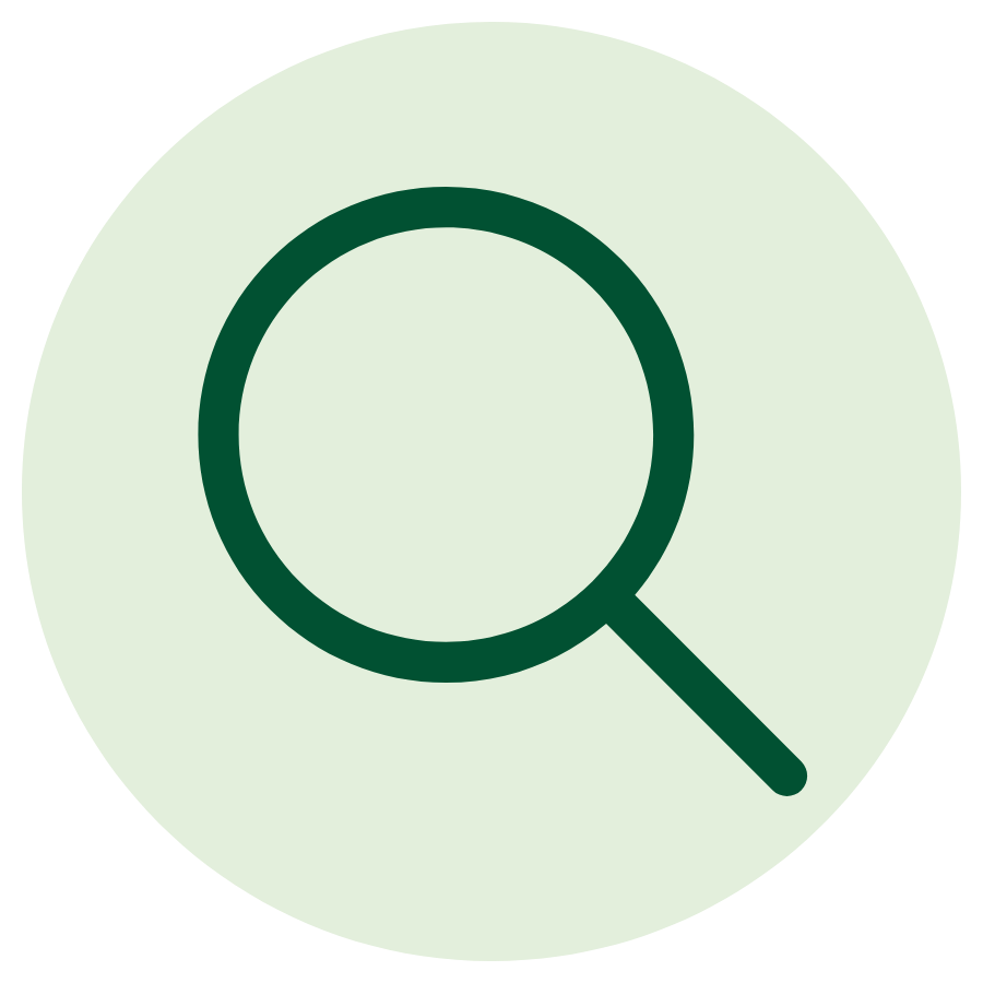 Lupensymbol für die Erfassung des Gebäudezustands und die Analyse energetischer Potenziale als Grundlage der weiteren Beratung.
