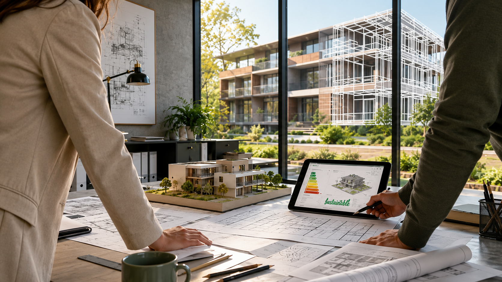Architekt und Experte arbeiten gemeinsam an Plänen, Modell und Energieanalyse. Das Motiv steht für die partnerschaftliche Rollenteilung: Entwurf im Büro, energetische Fachplanung und Förderung bei NEX.