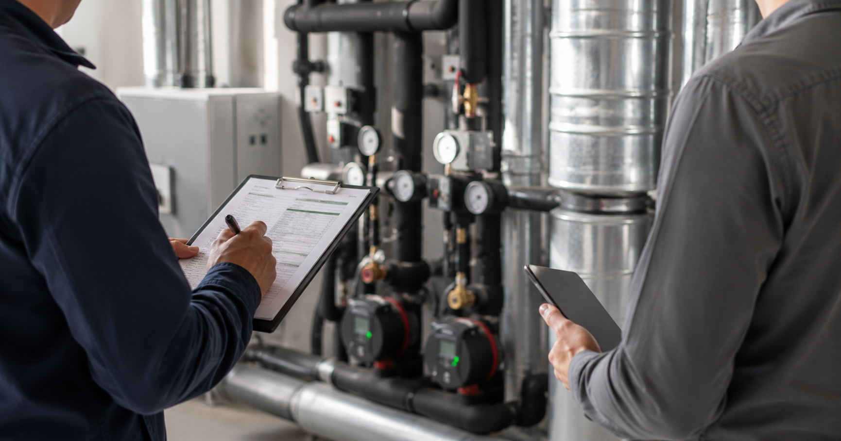 Technische Gebäudeanlage mit Rohrleitungen und Messgeräten während einer energetischen Bewertung. Das Bild steht für die Energieberatung nach DIN V 18599 in Nichtwohngebäuden.
