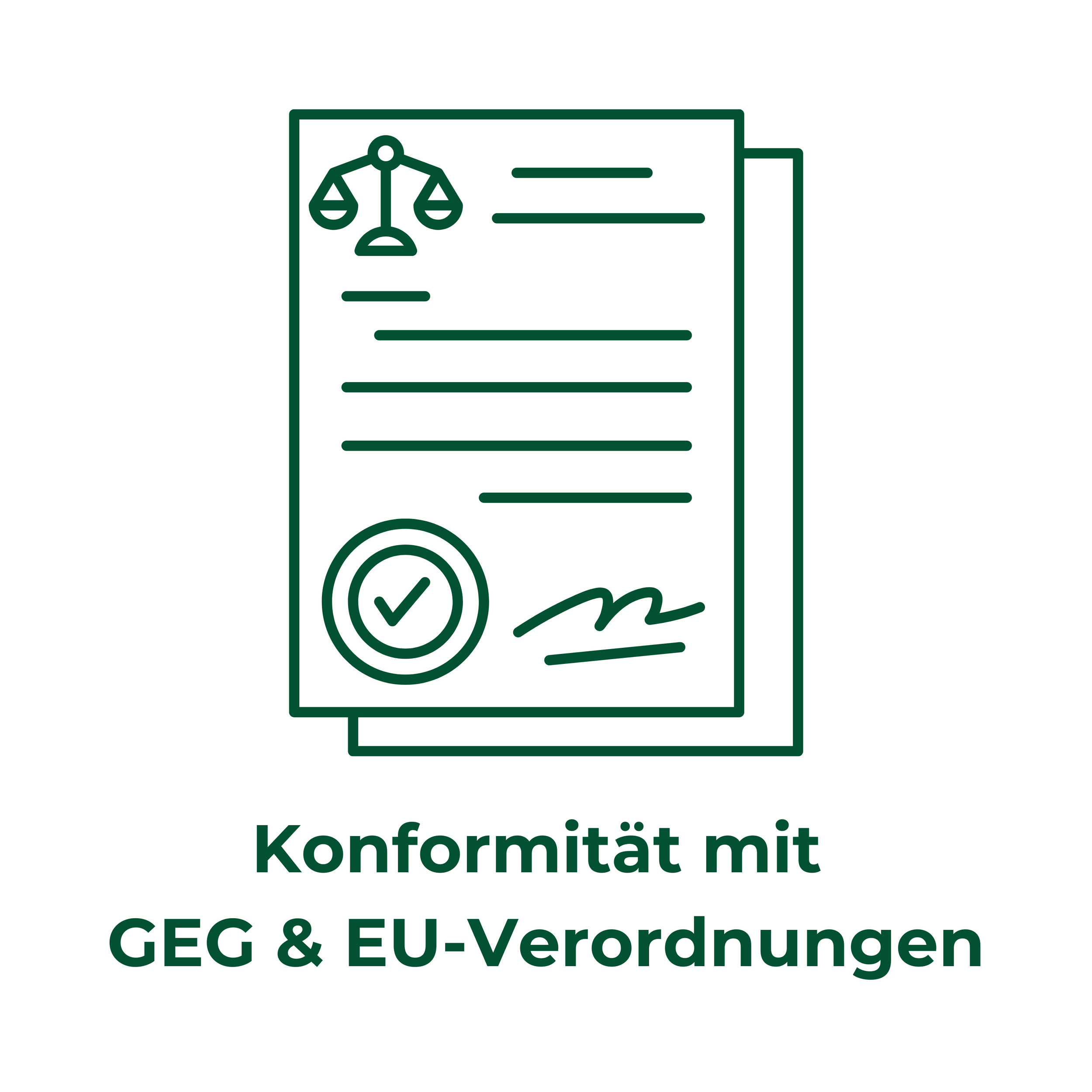 Illustration eines Dokuments mit einem Häkchen, ein Unterschriftsfeld, und einer Waage oberhalb. Darunter steht der Text "Konformität mit GEG & EU-Verordnungen".