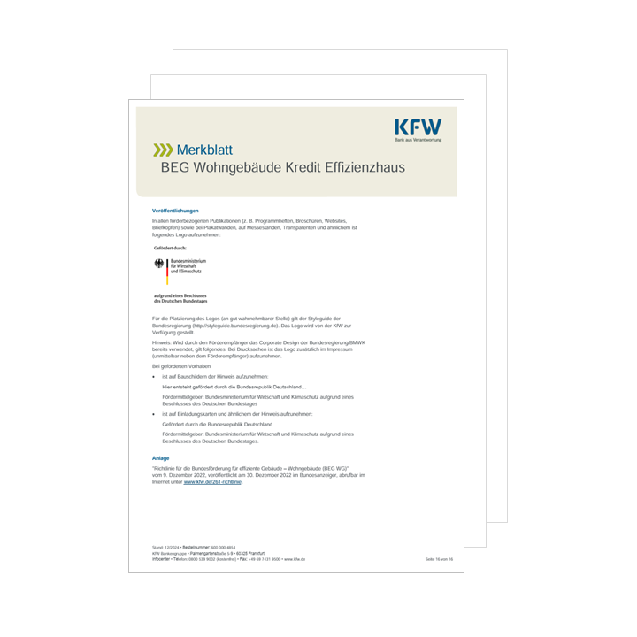 Symbol zur Veranschaulichung der Möglichkeiten zur KfW Kreditförderung zur Errichtung eines Effizienzhauses 85 bis 40