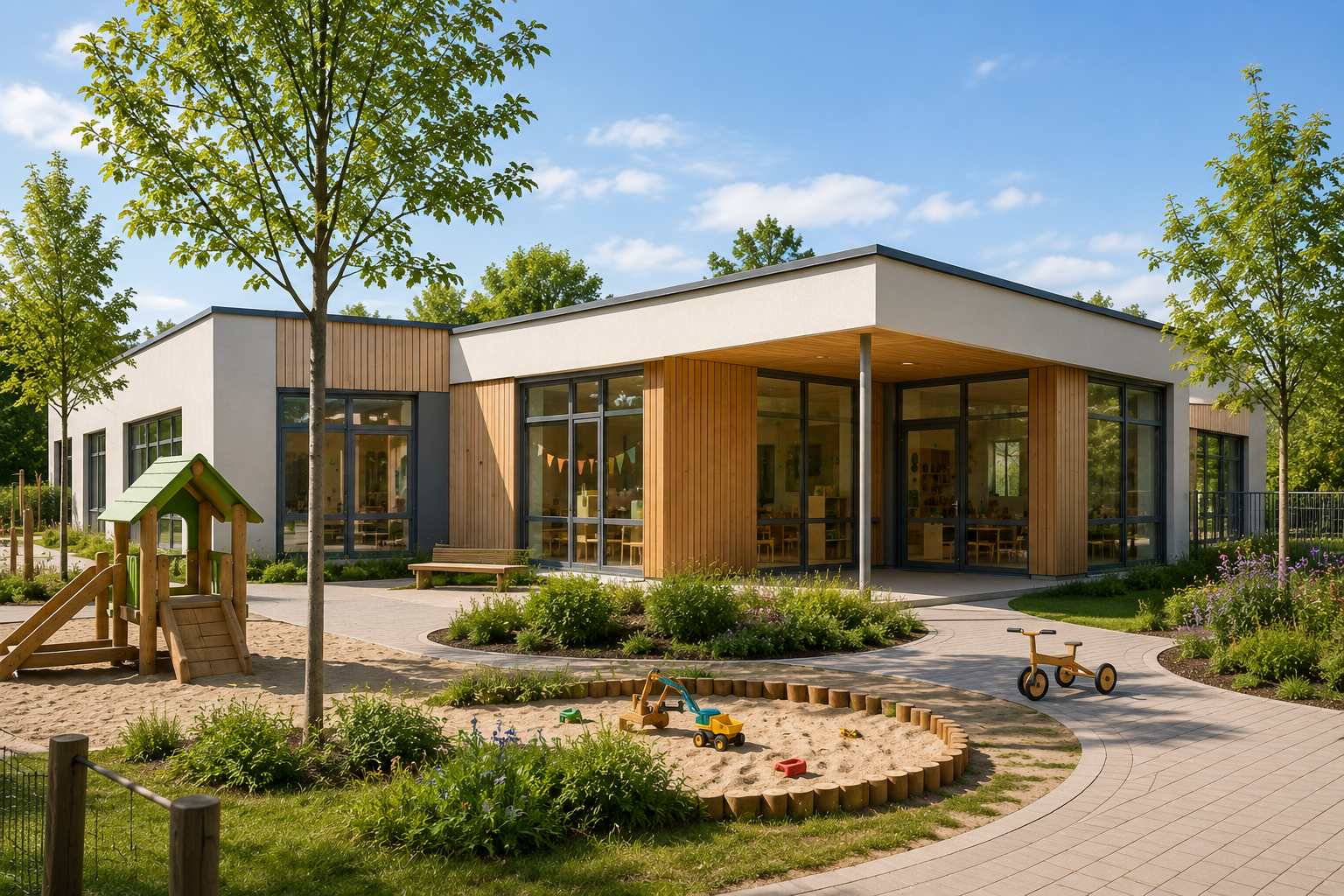 Moderne Kindertagesstätte mit Außenbereich als Beispiel für ein kommunales Gebäude zur energieeffizienten Sanierung und energetischen Fachplanung.