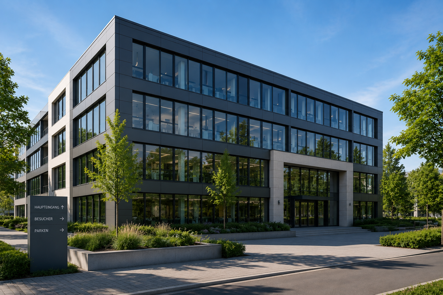 Modernes Bürogebäude als Beispiel für energieeffiziente Nichtwohngebäude und nachhaltige Gebäudeplanung für Architekturbüros.