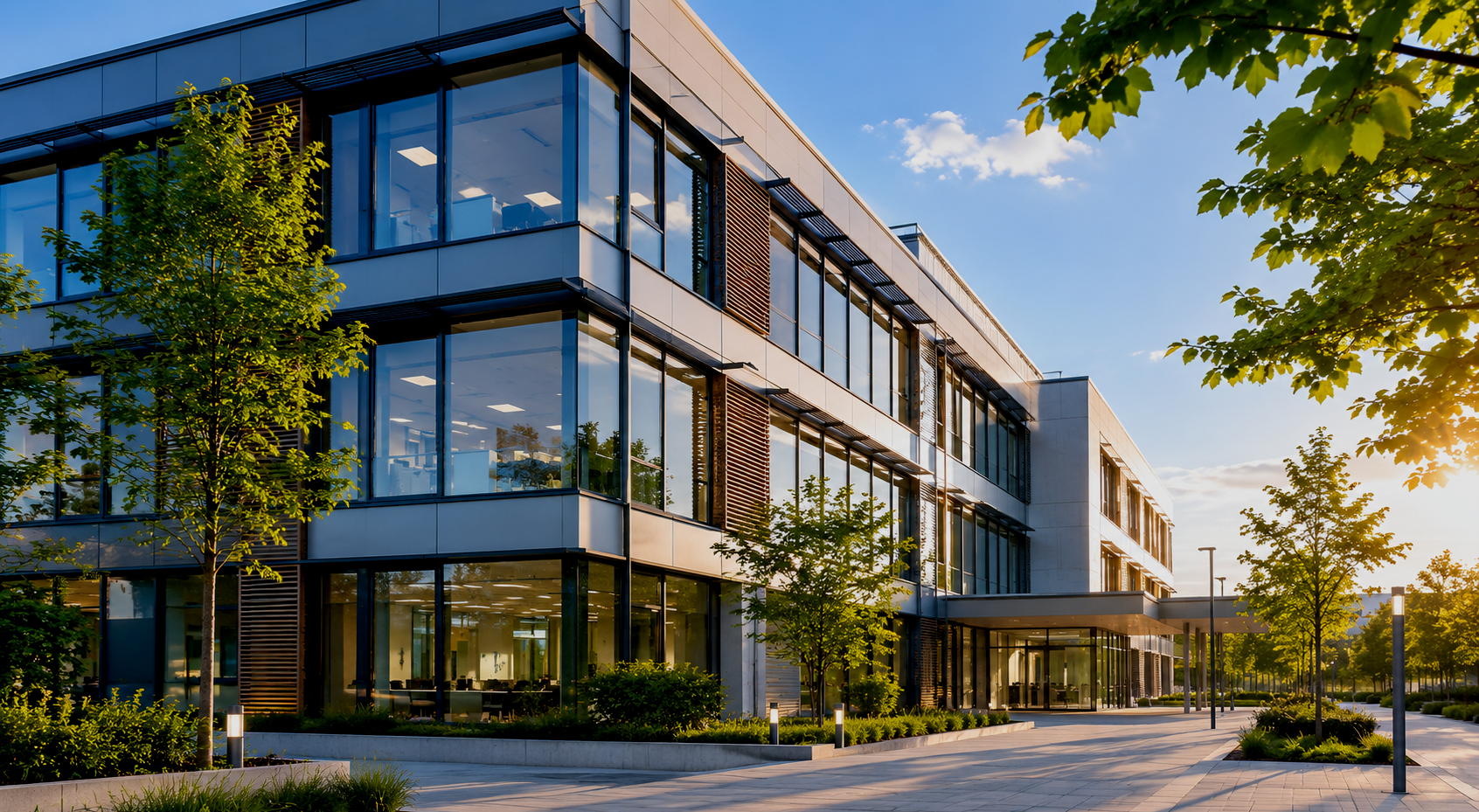 Modernes Verwaltungs- oder Bürogebäude mit großzügigen Glasfassaden. Das Bild steht für die Entwicklung von Energiekonzepten für öffentliche Gebäude und kommunale Einrichtungen.