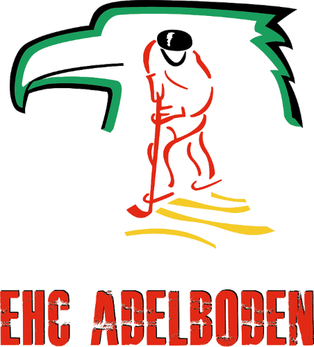 Illustration eines Mannes mit einem Regenschirm, der auf einem gelben Weg läuft, mit dem Text 'EHC ADELBODEN' darunter.