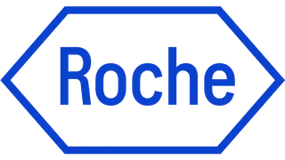 Logo der Marke Roche in blauer Schrift innerhalb eines blauen, schildförmigen Rahmens.