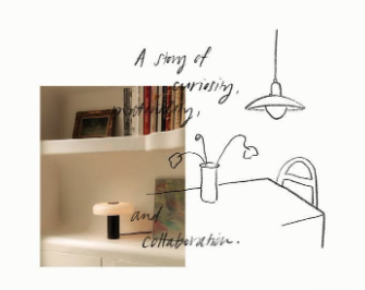 Half of a photograph of a white bookshelf with books, a picture frame, and a small lamp, next to a line drawing of a desk with a faucet, lamp, and pencil holder.