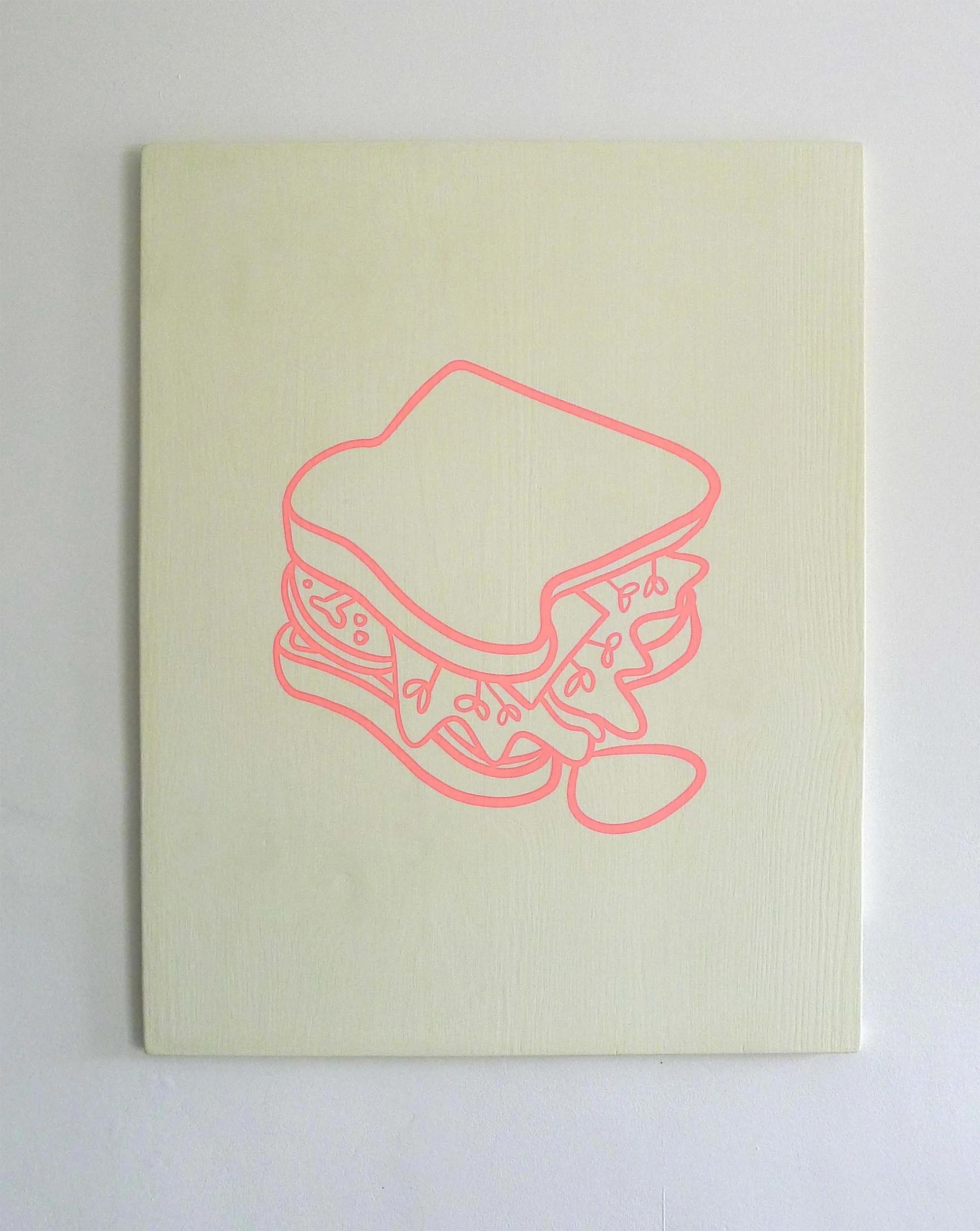 A silkscreen print of a sandwich printing in pink on an off-white background