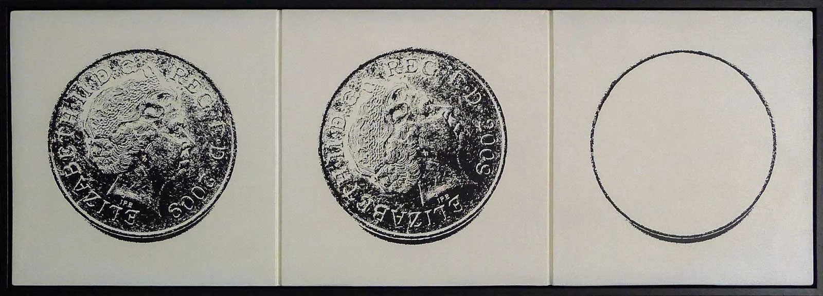 Image showing three sections: two with silver coins featuring a portrait of Queen Elizabeth II, and one blank circle.