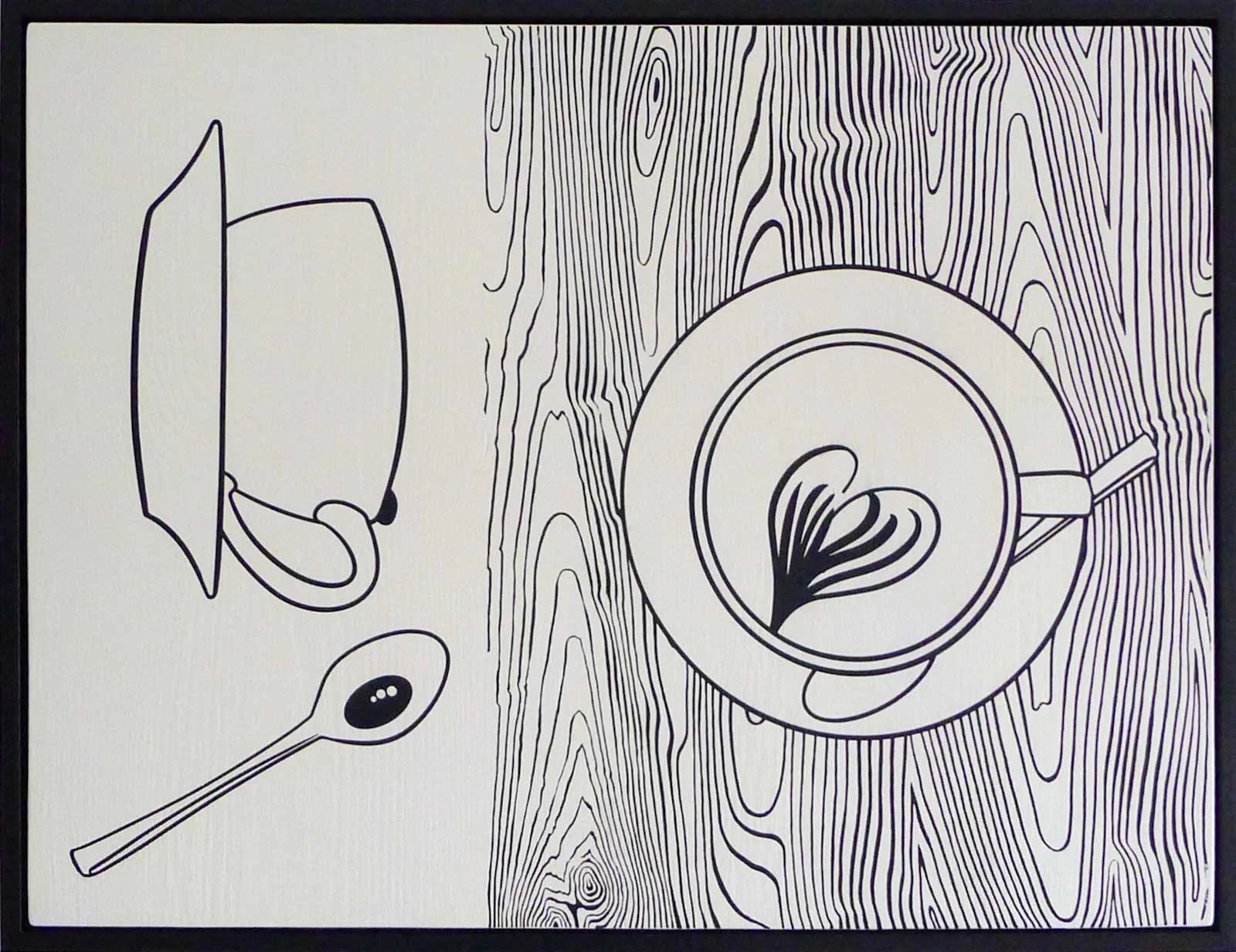Line drawing of a coffee cup with latte art, a saucer, a teaspoon, and a patterned wooden surface background.