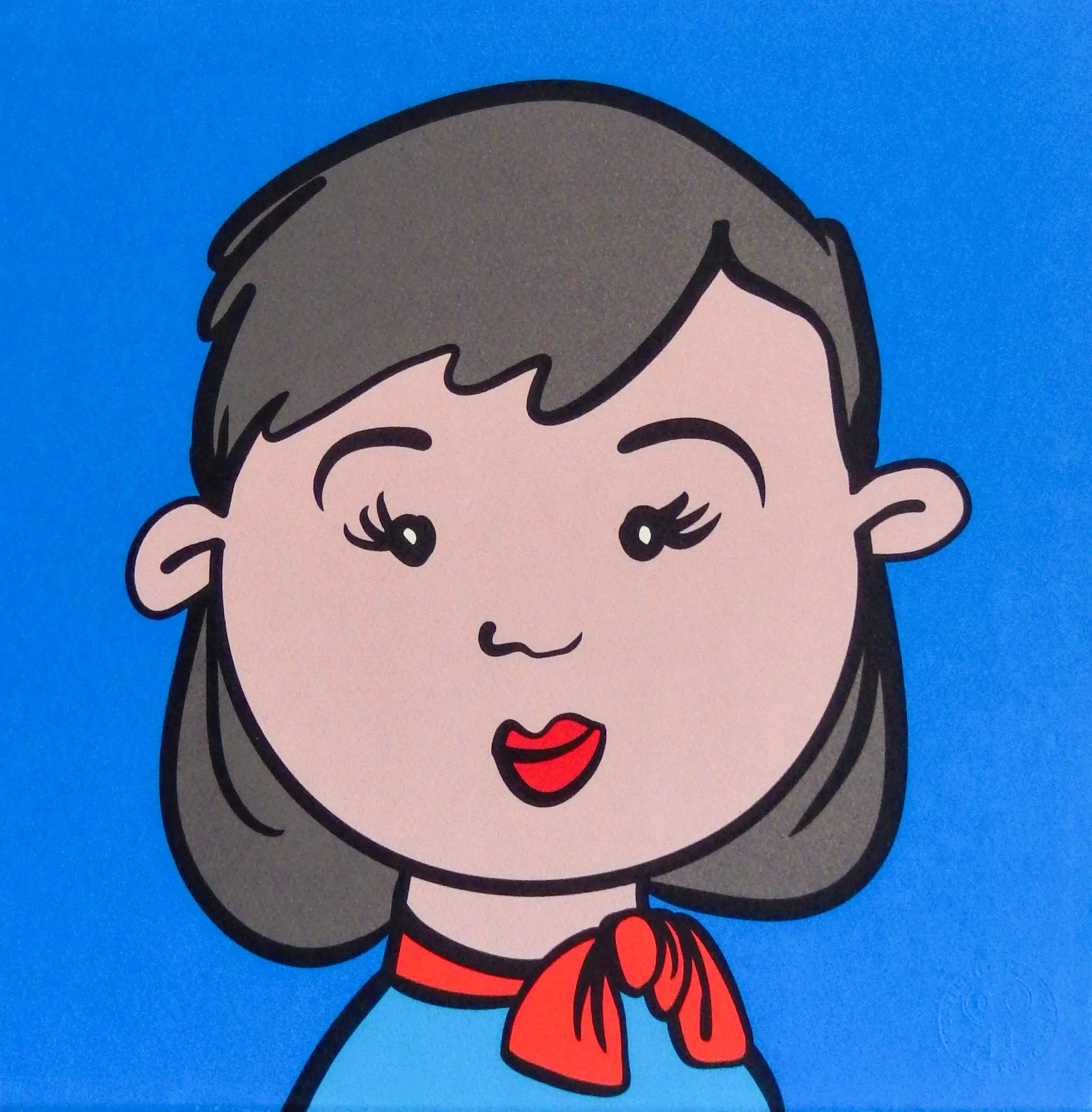 Cartoon illustration of a young woman with grey hair, red lipstick, and a red bow tie against a blue background.