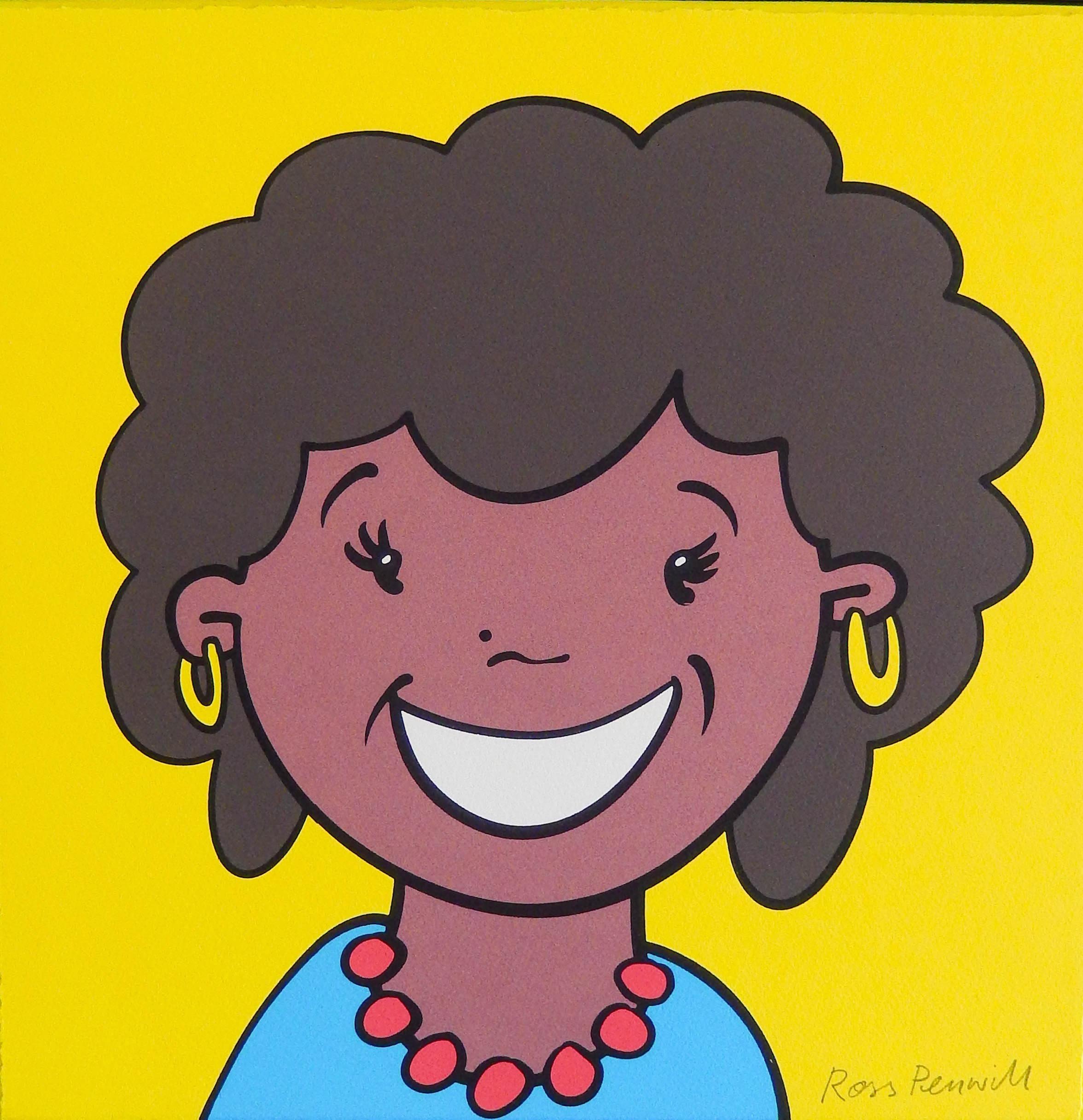Photo of colourful screen print ‘Lady with the broadest smile’ cropped to the print edge