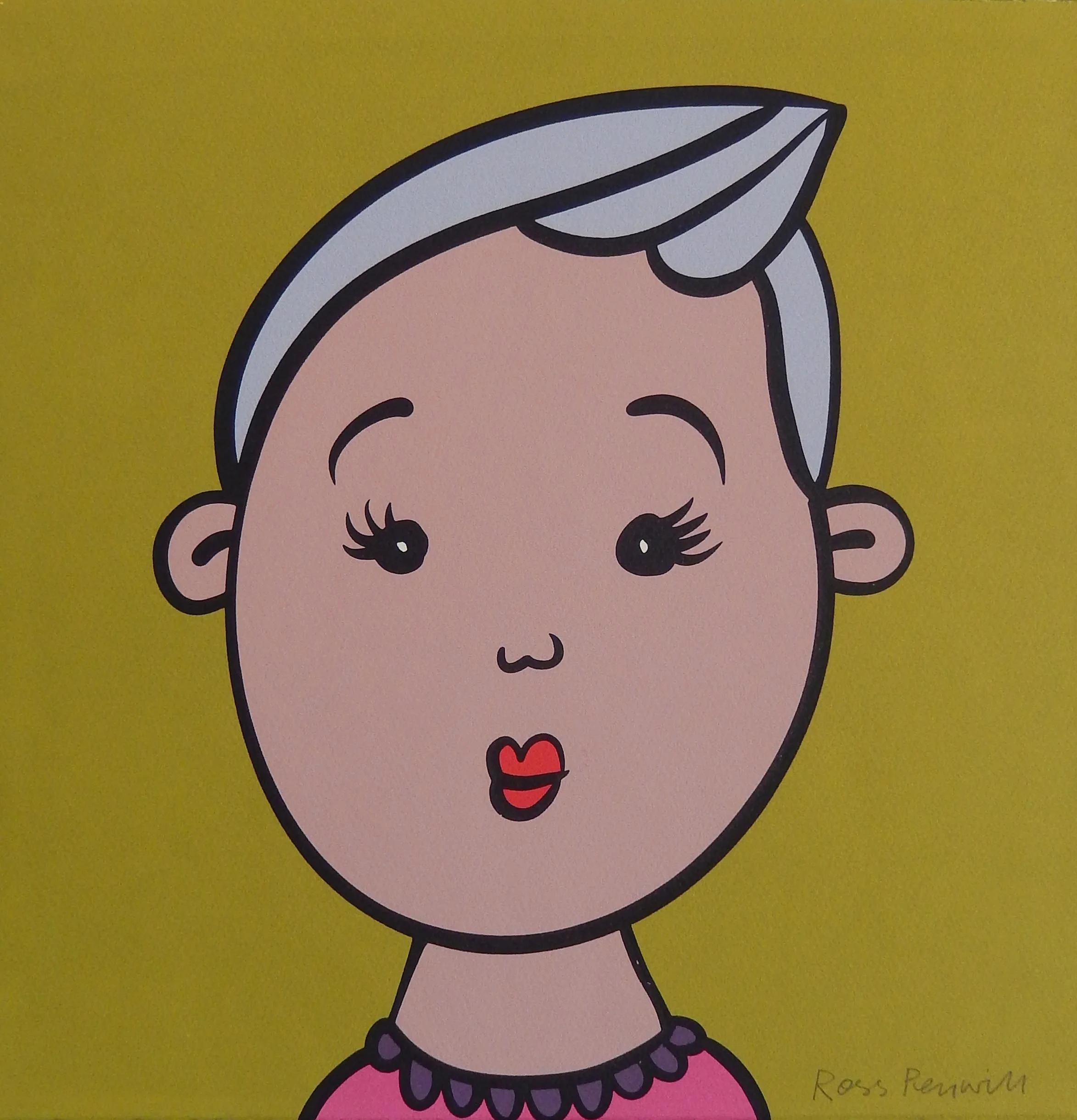 Cartoon illustration of a surprised woman with short gray hair, pink lipstick, black eyelashes, wearing a pink top with a purple trim, against a yellow background.