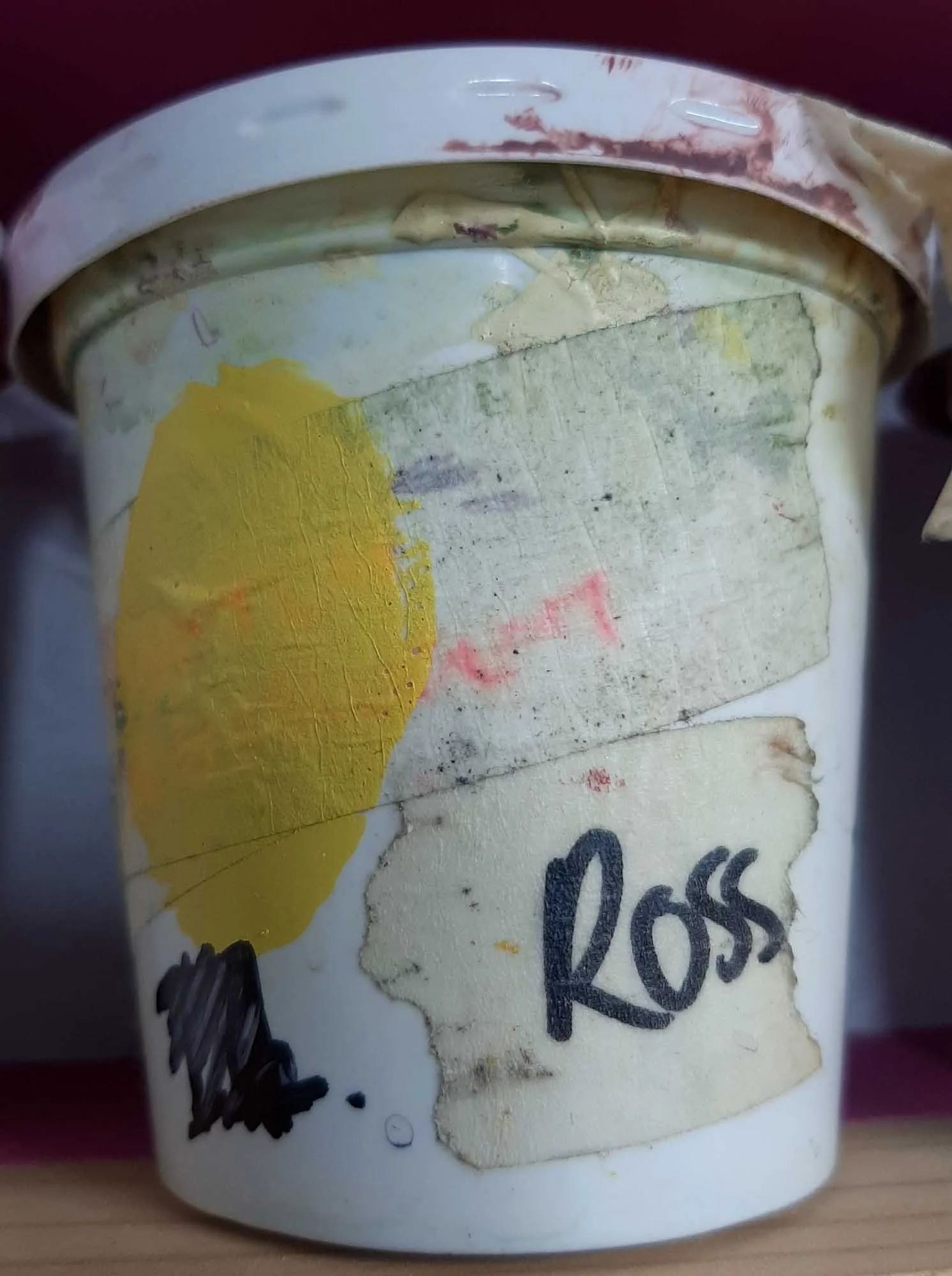 Well-used plastic container marked with paint stains and a handwritten “Ross” label, used for storing silkscreen materials.