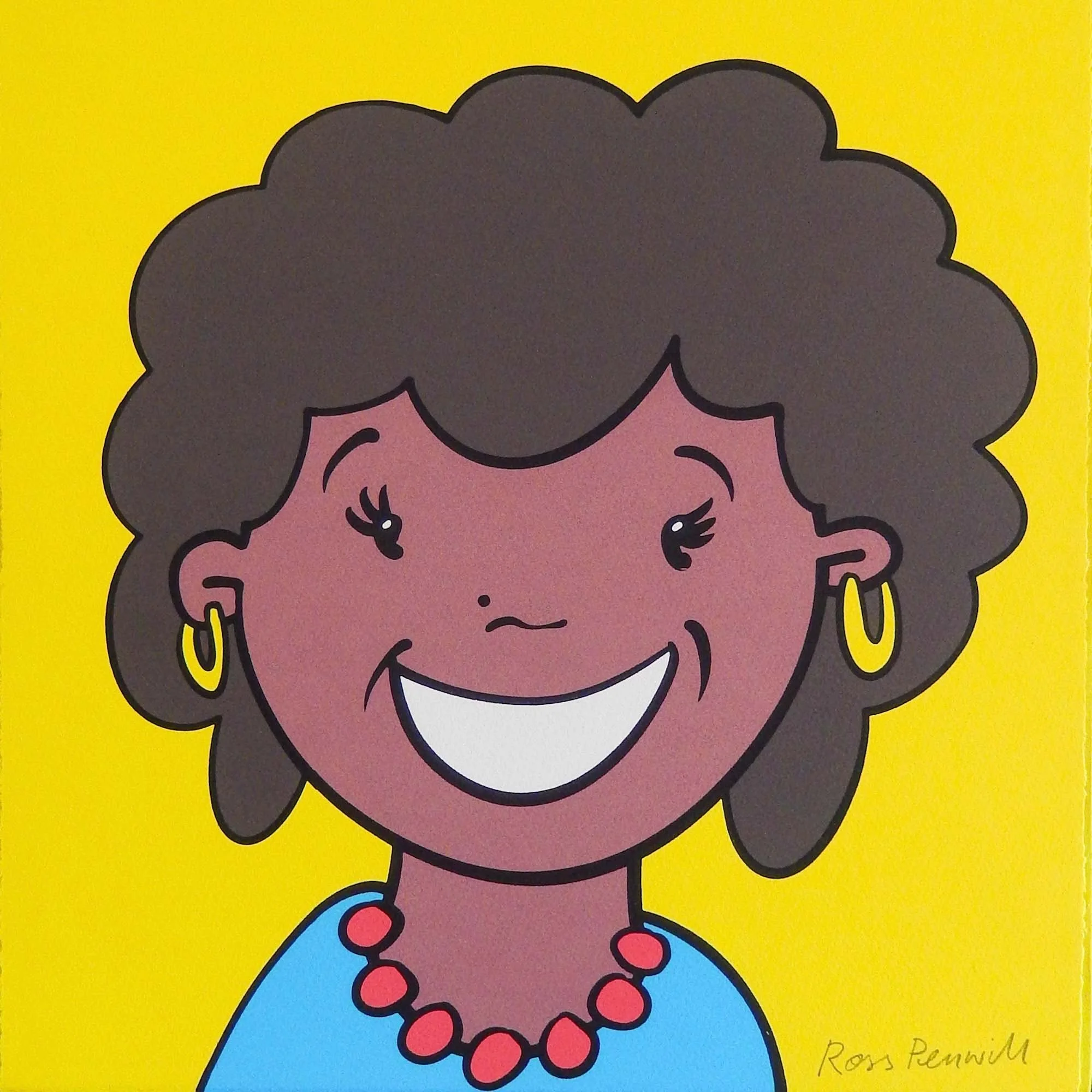 Portrait from Ross T Penwill’s ‘Mixed Emotions’ series showing gentle smile and empathetic gaze. A silkscreen print radiating warmth, connection, and inclusive happiness.