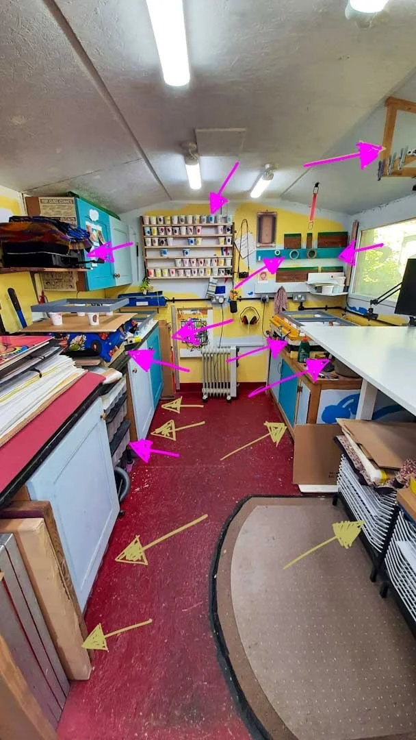 A wide view of the studio with arrows pointing to storage areas, shelves, workbenches and tools.