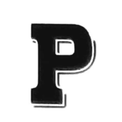 Large black letter 'P' with white outline on a white background.