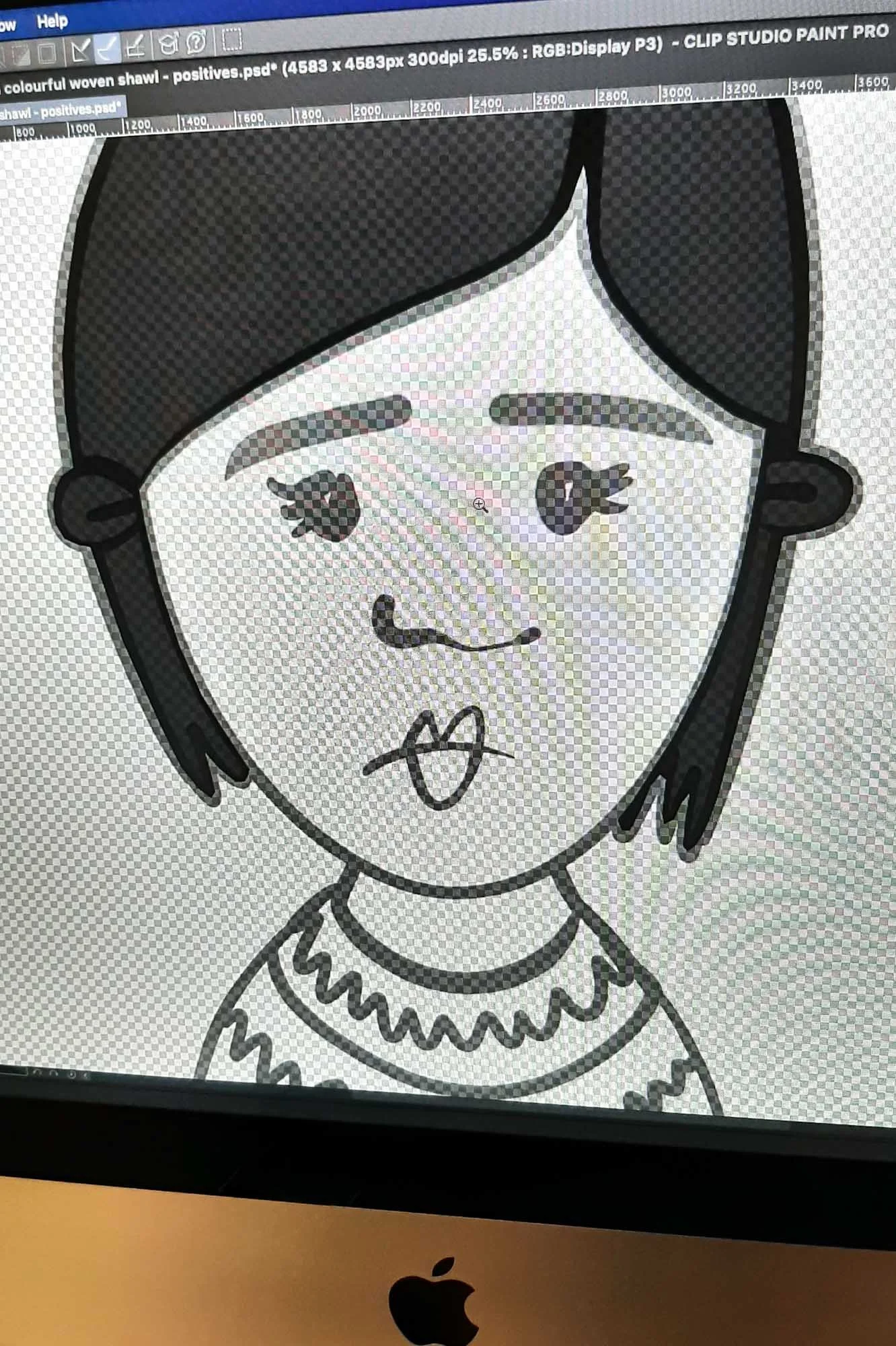 Line drawing of a sad-looking girl with short hair, large eyes, and wearing a patterned shirt, displayed on a computer screen.