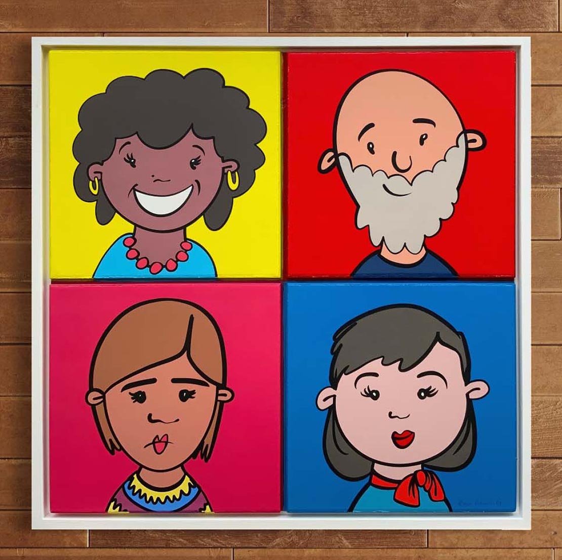 Colorful cartoon portraits of four individuals with different backgrounds: yellow, red, pink, and blue.