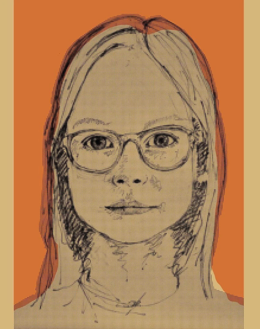 Drawing of a girl with glasses, shoulder-length hair, and a neutral expression against an orange background.