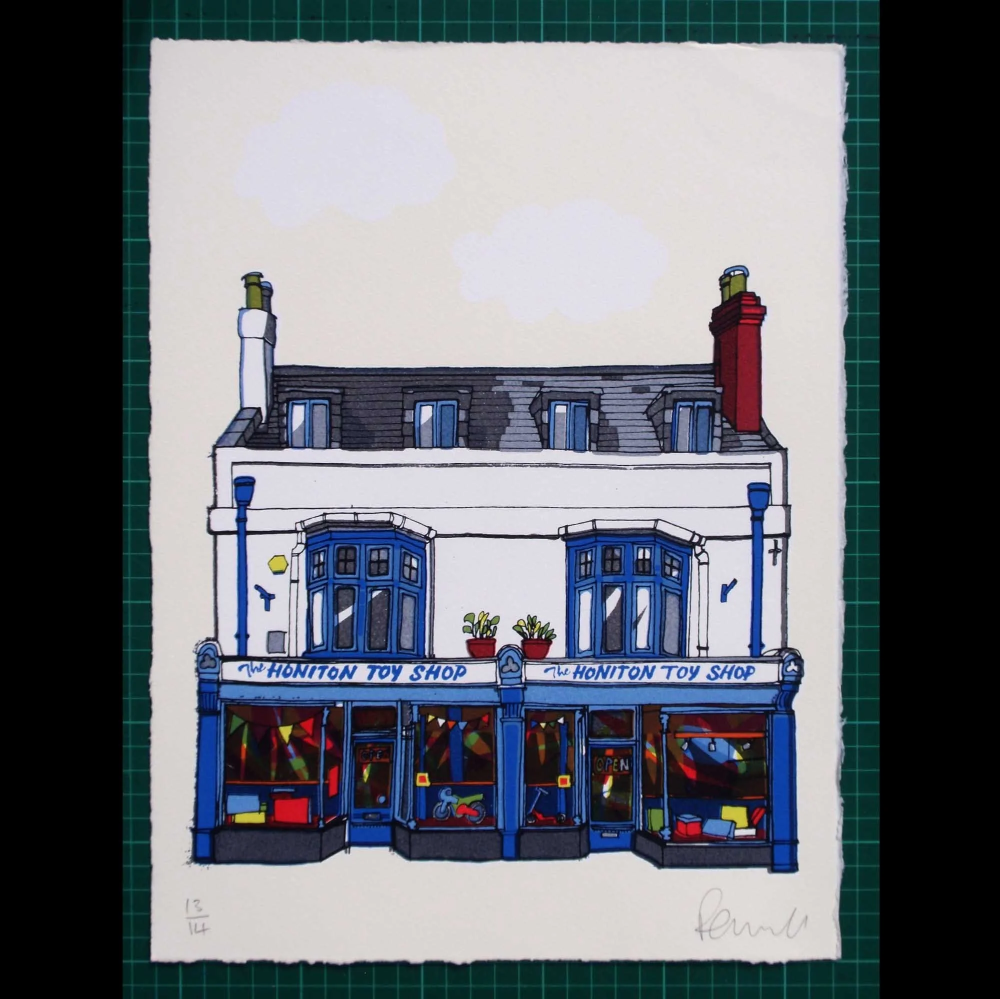 Print on paper: ‘Honiton Toy Shop’ by R T Penwill. A celebration of imagination and neighbourhood identity, rendered in translucent inks and nostalgic detail.