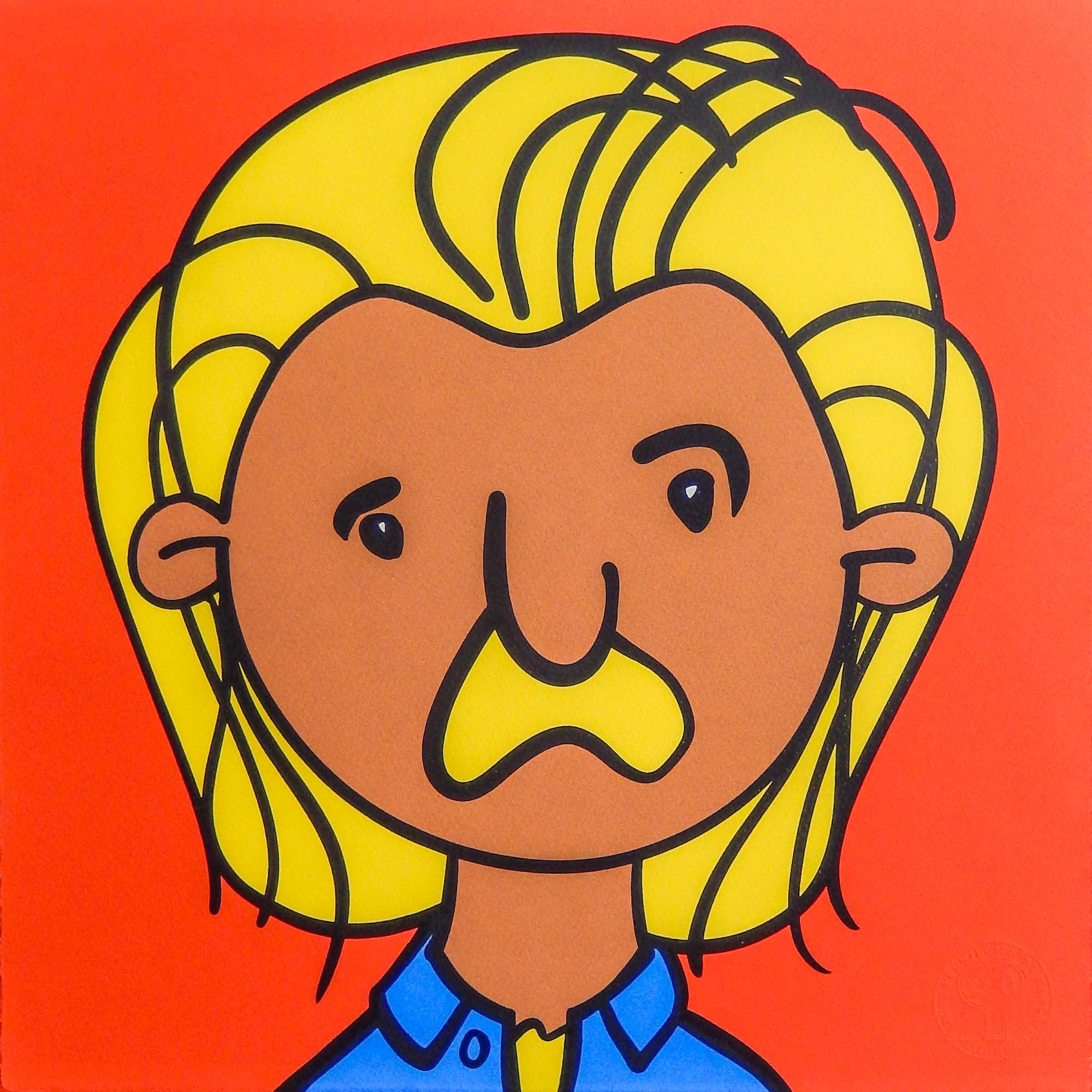 Colourful cartoon illustration of a person with blonde hair, wearing a blue collared shirt, with an unhappy facial expression on an orange background.