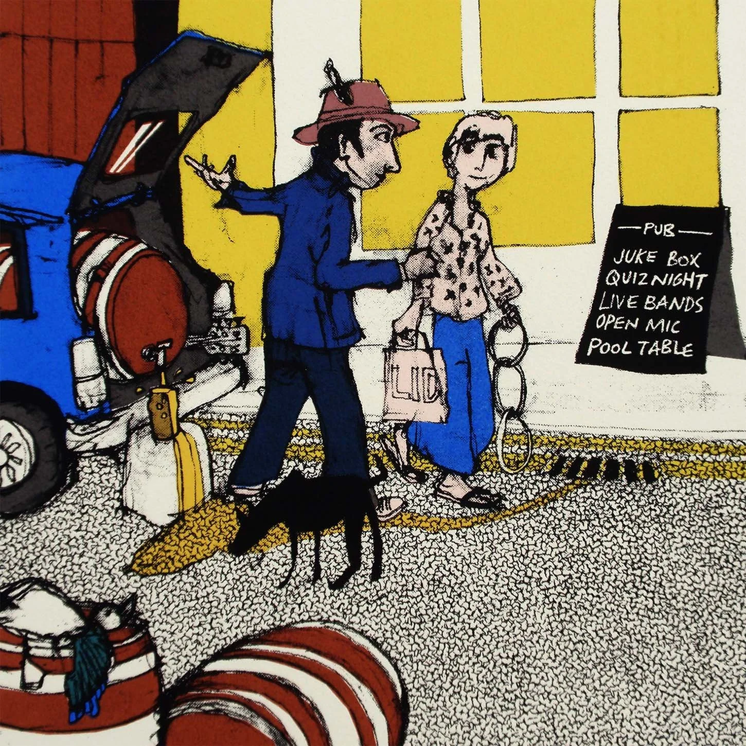 Cartoon-like image depicting two people walking past a pub with a sign advertising entertainment like jukebox and quiz night. A blue car with barrels in the trunk is parked nearby. A black dog crosses their path.