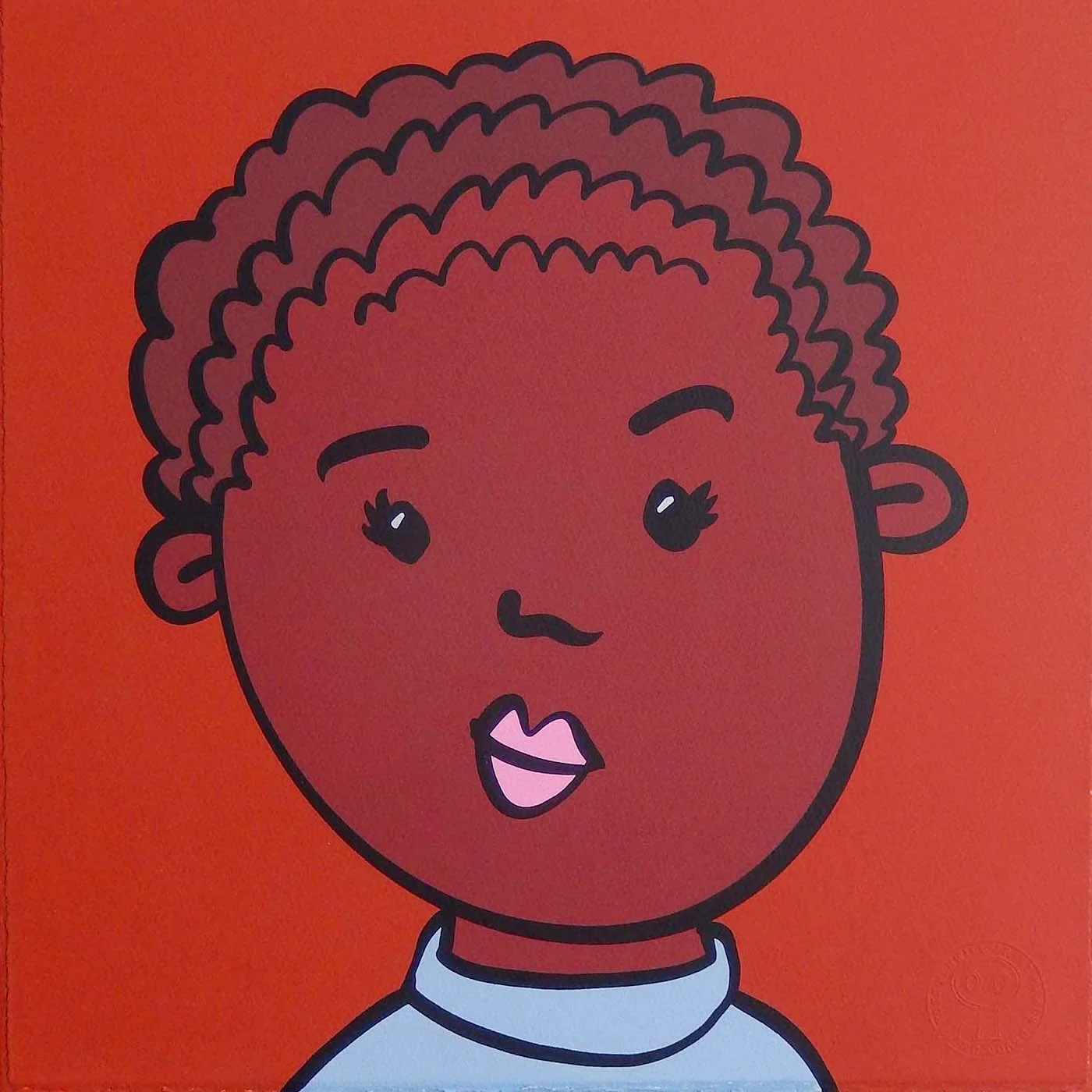 Cartoon illustration of a girl with short curly hair, wearing a white shirt, with an orange background.