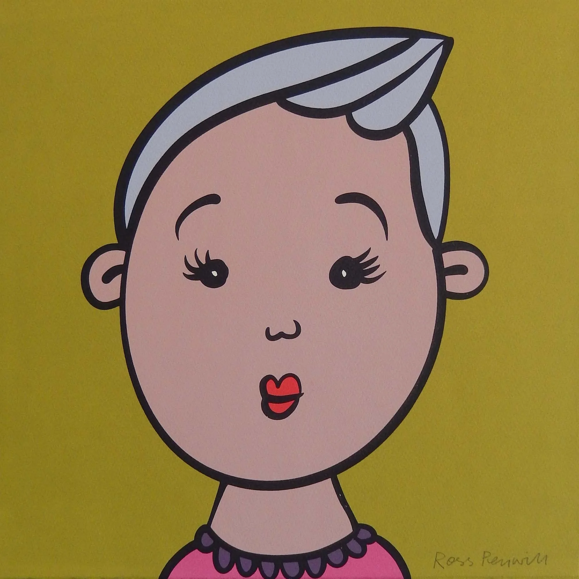 Portrait from Ross T Penwill’s ‘Mixed Emotions’ series showing cool gaze and lifted brow. A silkscreen print capturing the quiet authority and layered scepticism of emotional distance.