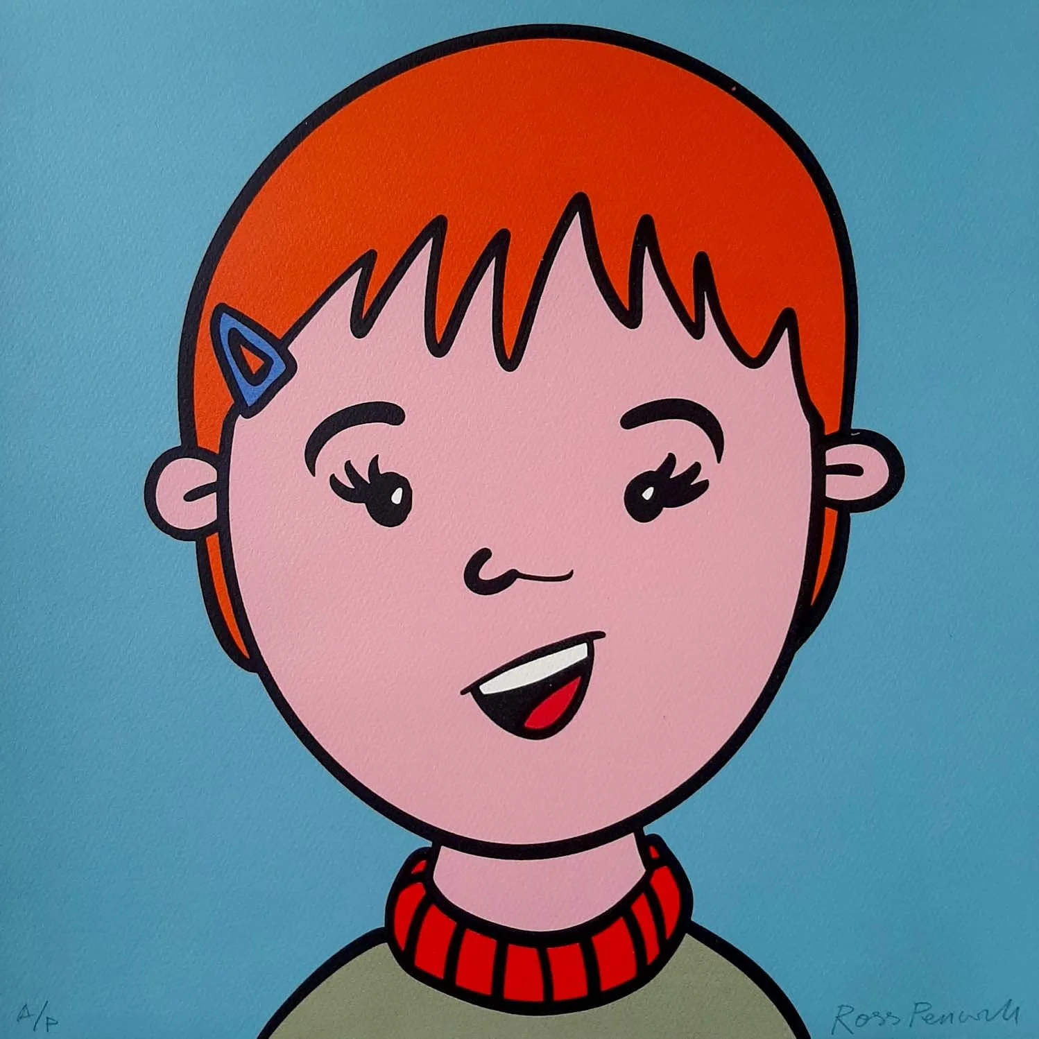 Cartoon illustration of a smiling girl with short red hair, a blue hair clip, and wearing a red and beige striped shirt against a blue background.