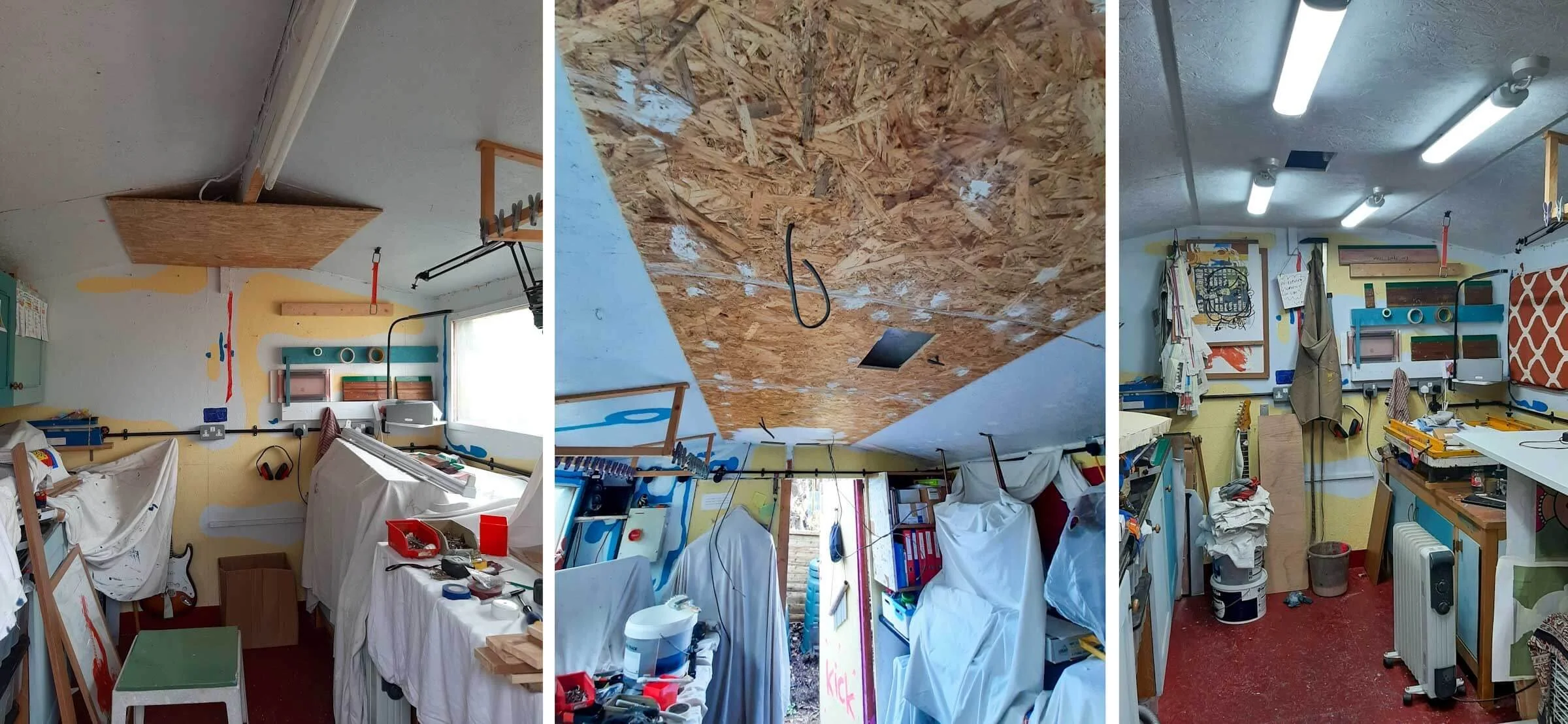 A collage showing the ceiling of a garden studio being renovated, with fluorescent lights replaced and OSB panels installed.