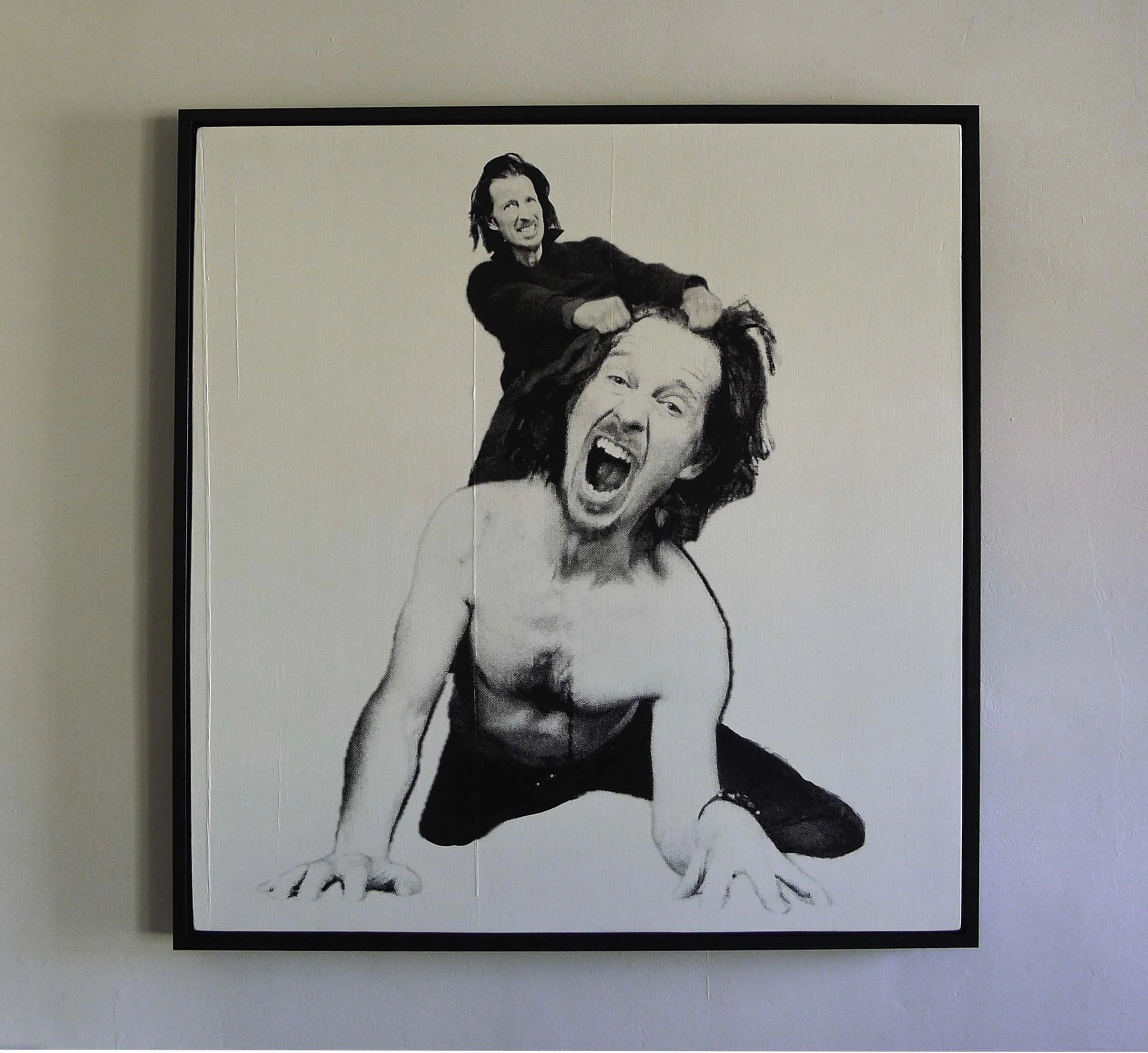 Black and white drawing of a woman with an open mouth, on all fours, with a smiling woman sitting on her shoulders, also black and white.