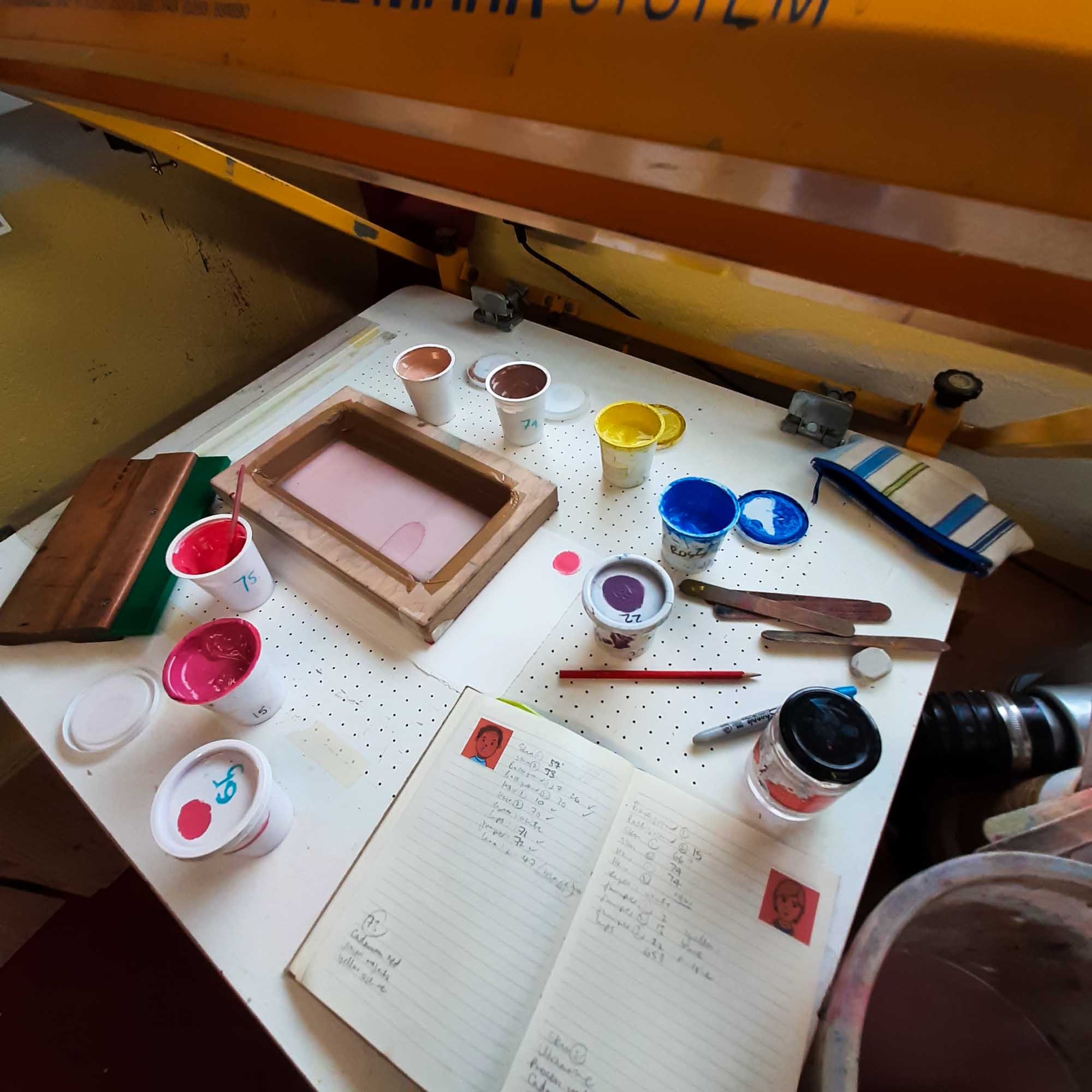 A worktable with brushes, a notebook, and art supplies. The table notebook has handwritten notes and small portrait stickers. The workspace is lit by an overhead light, with a camera capturing the shot from above.