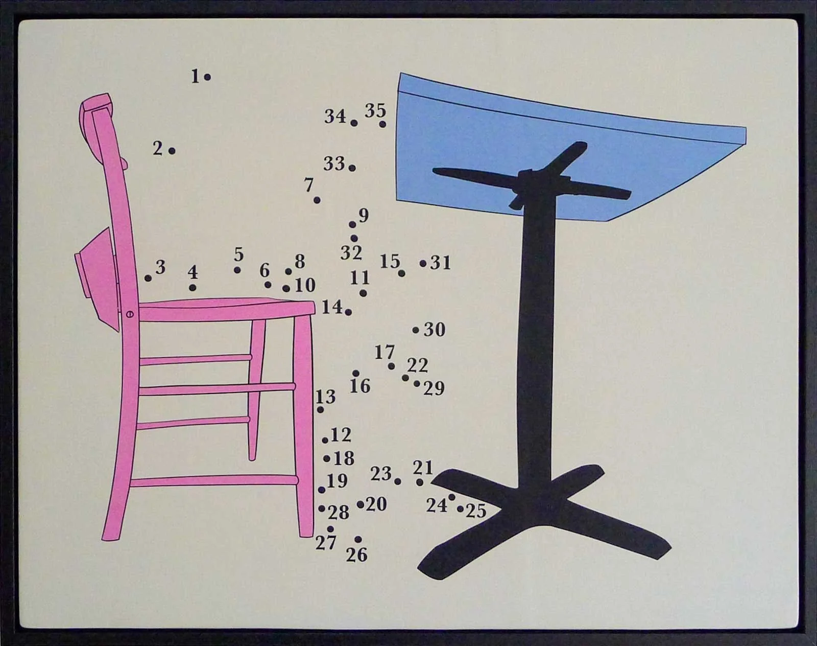 Colourful silkscreen print artwork of a pink chair and a black table with a blue top, with numbered dots indicating a connect-the-dots puzzle.