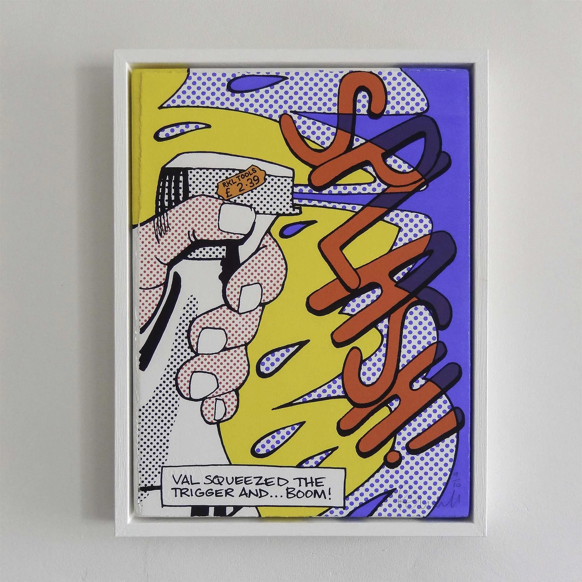 Pop art style painting with vibrant colors depicting a hand holding a spray can. Text bubble reads 'VAL SQUEEZED THE TRIGGER AND... BOOM!'