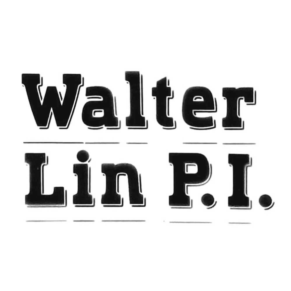 Text reading 'Walter Lin P.I.' in black, bold, distressed font on a white background.