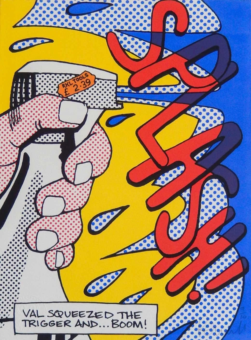 Comic-style illustration of a hand squeezing a white container labeled RKL tools, with droplets and colourful abstract shapes in the background, accompanied by a caption 'Val squeezed the trigger and... boom!'