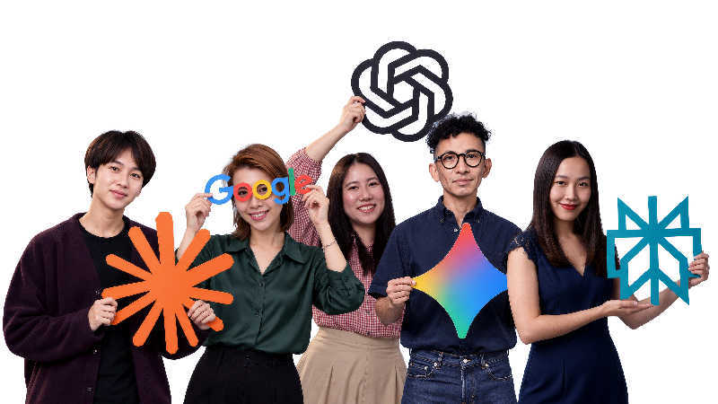 Five ABM Connect staff, each holding the logo of a different AI answer engine