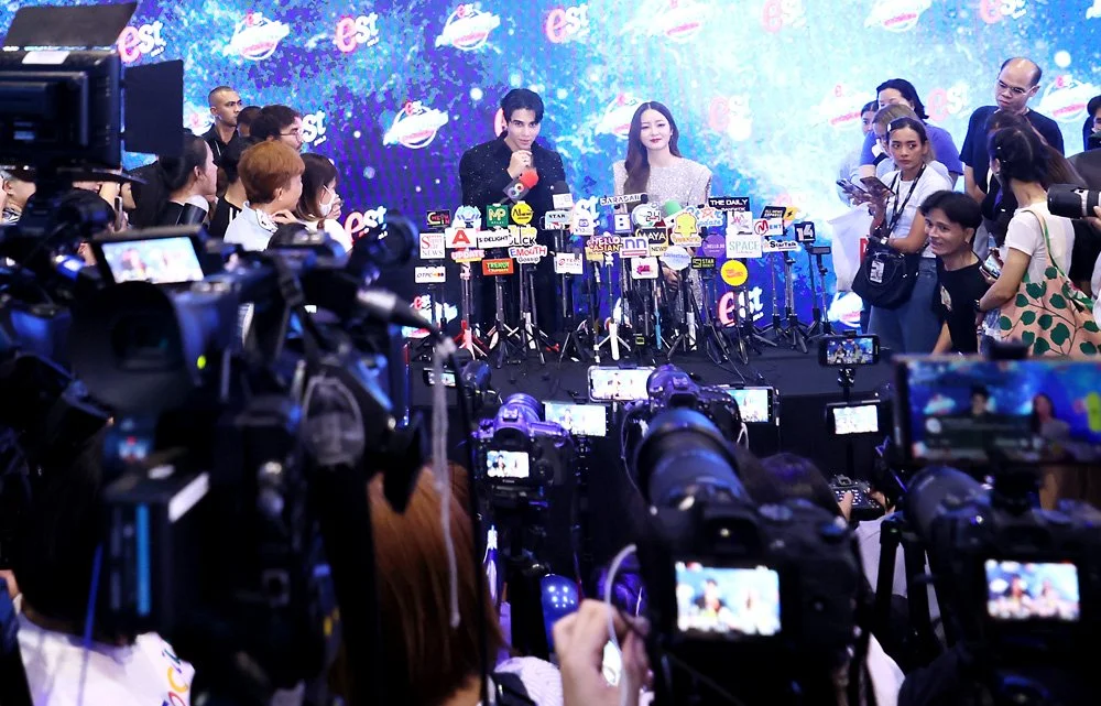 Press conference with large media attendance
