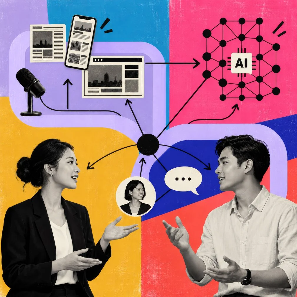 Collage illustration showing the concept of connecting people, media, and AI