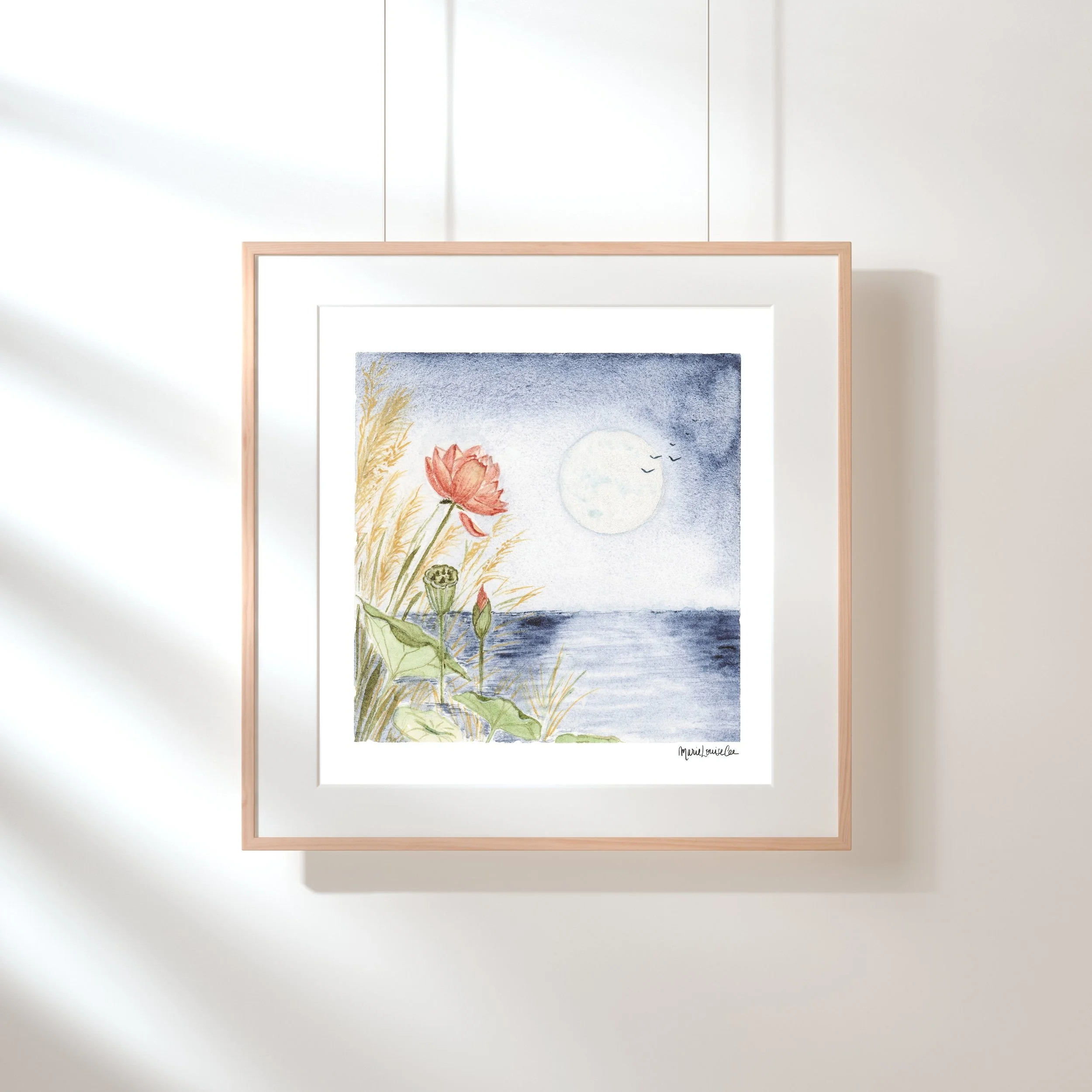 Lotus Under A Silver Moon Fine Art Print 20 x 20 cm